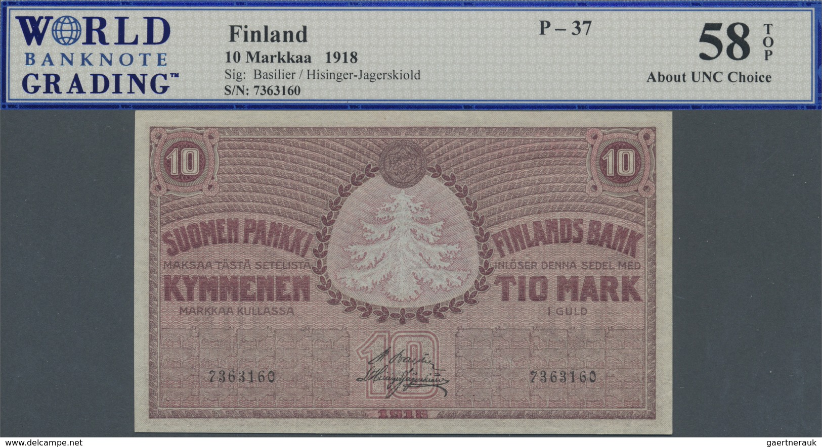 Finland / Finnland: 10 Markkaa 1918, P.37, Almost Perfect Condition, WBG Grading 58 About UNC Choice - Finland