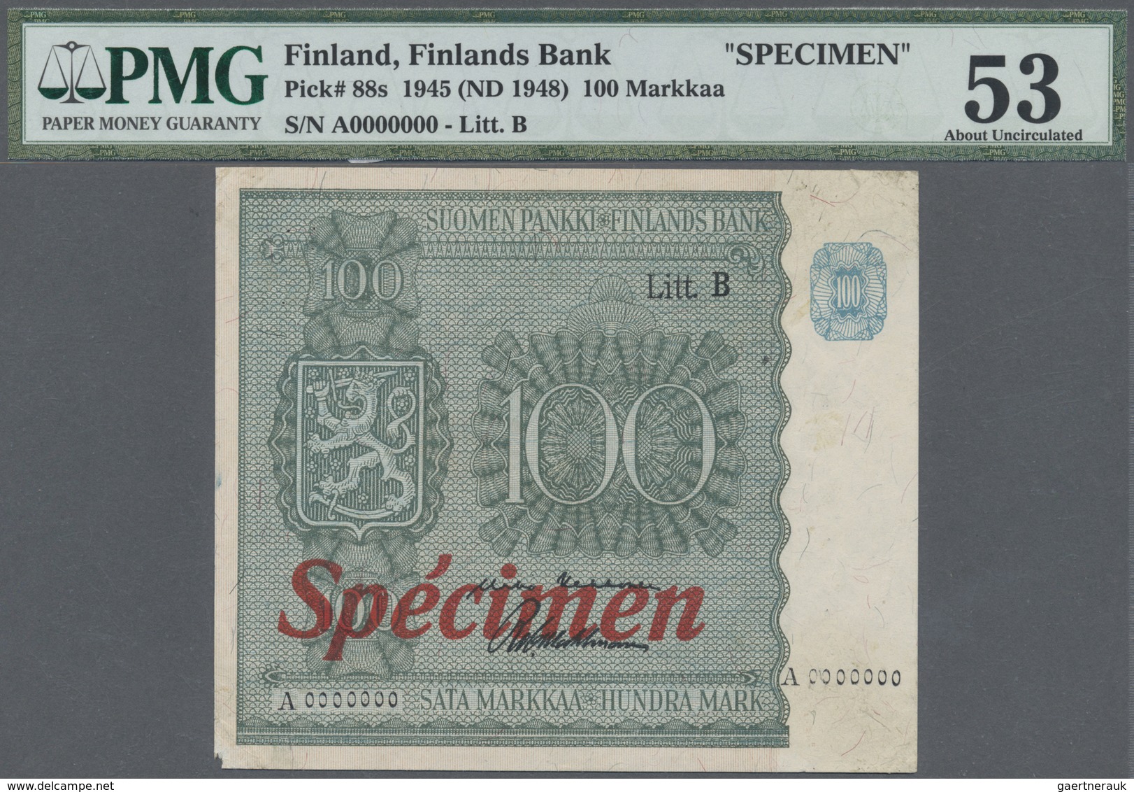 Finland / Finnland: 100 Markkaa ND(1948) SPECIMEN P.88s, Previously Mounted And Tiny Missing Part At - Finnland