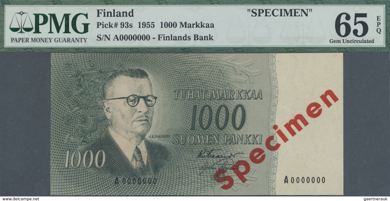 Finland / Finnland: 1000 Markkaa 1955 Specimen P. 93s, PMG Graded 65 Gem UNC EPQ. - Finland