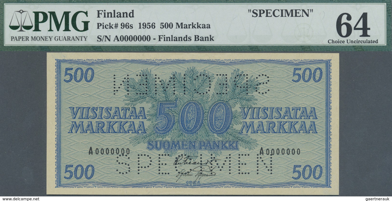 Finland / Finnland: 500 Markkaa 1956 Specimen P. 96s, PMG Graded 64 Choice UNC. - Finland