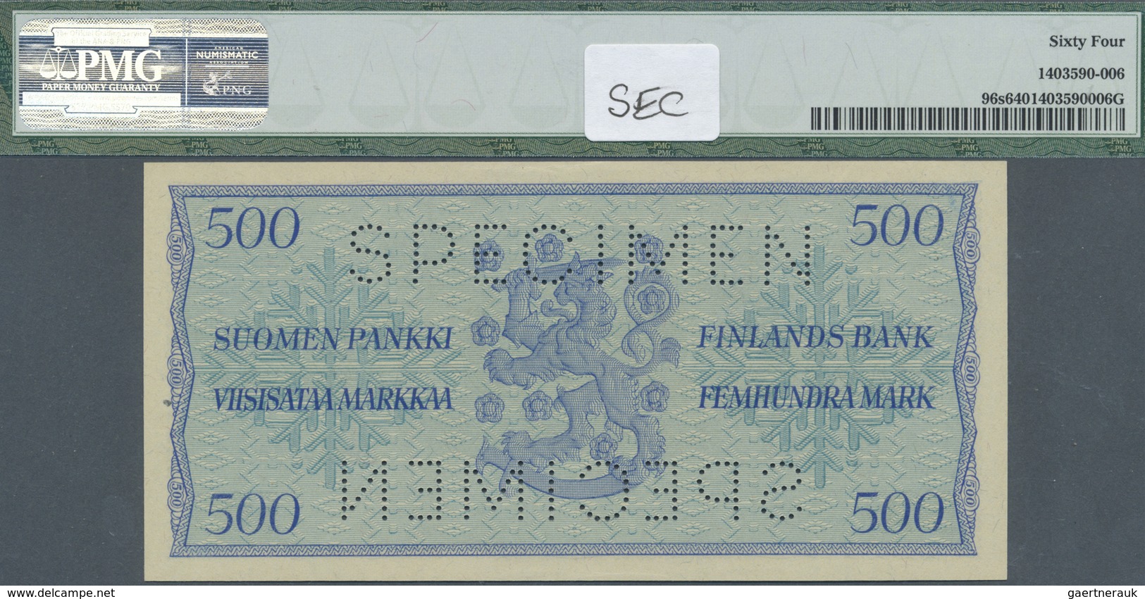 Finland / Finnland: 500 Markkaa 1956 Specimen P. 96s, PMG Graded 64 Choice UNC. - Finland