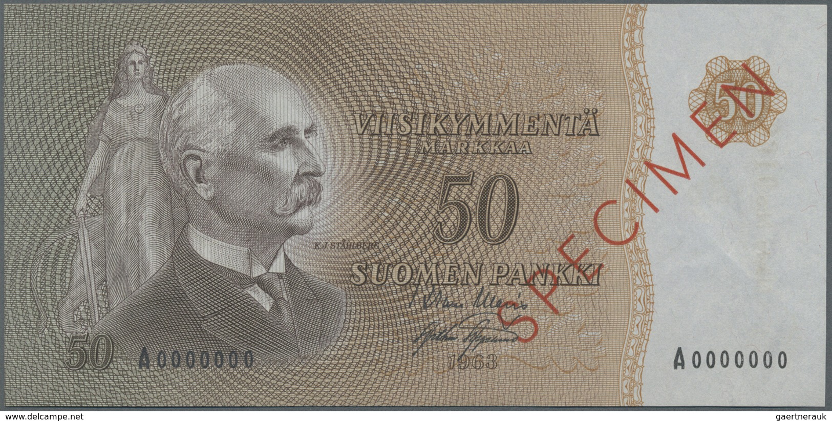 Finland / Finnland: 50 Markkaa 1963 Specimen P. 105s, Zero Serial Numbers, Red Specimen Overprint, C - Finland