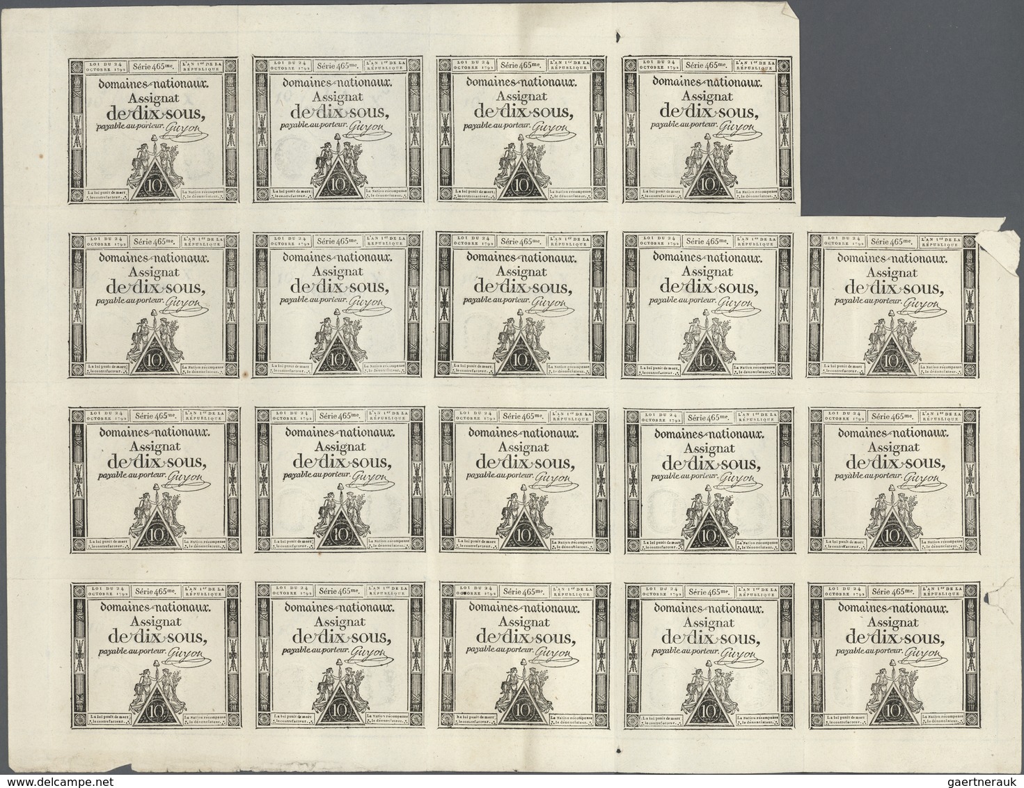 France / Frankreich: 10 Sous Domaines Nationaux 1792 Uncut Sheet With 19 Pcs., P.A53, Very Nice Cond - Other & Unclassified