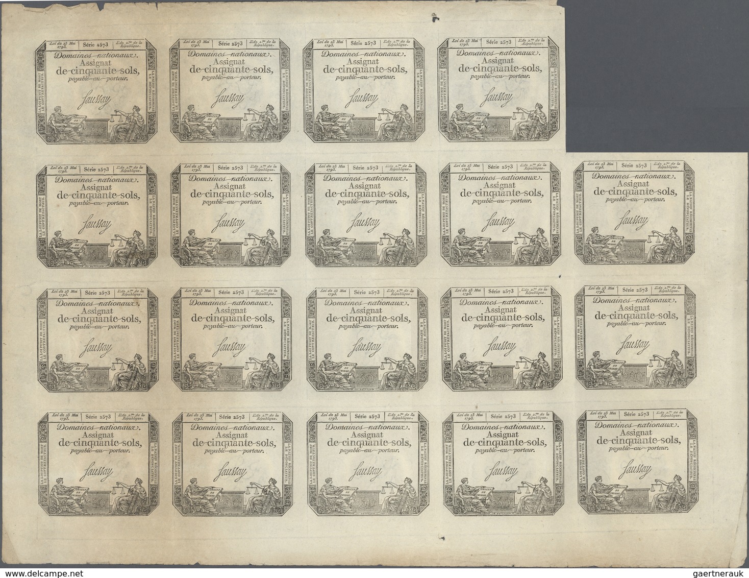 France / Frankreich: 50 Sols Domaines Nationaux 1793 Uncut Sheet With 19 Pcs. With Watermark "RF 50' - Altri & Non Classificati