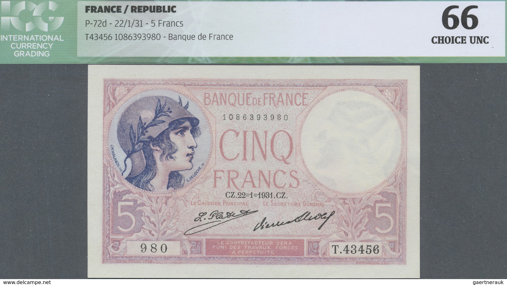 France / Frankreich: 5 Francs 1931 P. 72d, ICG Graded 66 Choice UNC. - Other & Unclassified