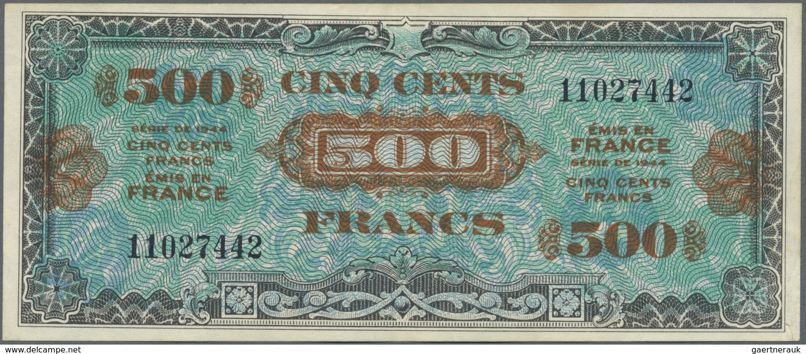 France / Frankreich: 500 Francs 1944 P. 119a, Light Center Fold And Minor Handling In Paper, No Hole - Other & Unclassified