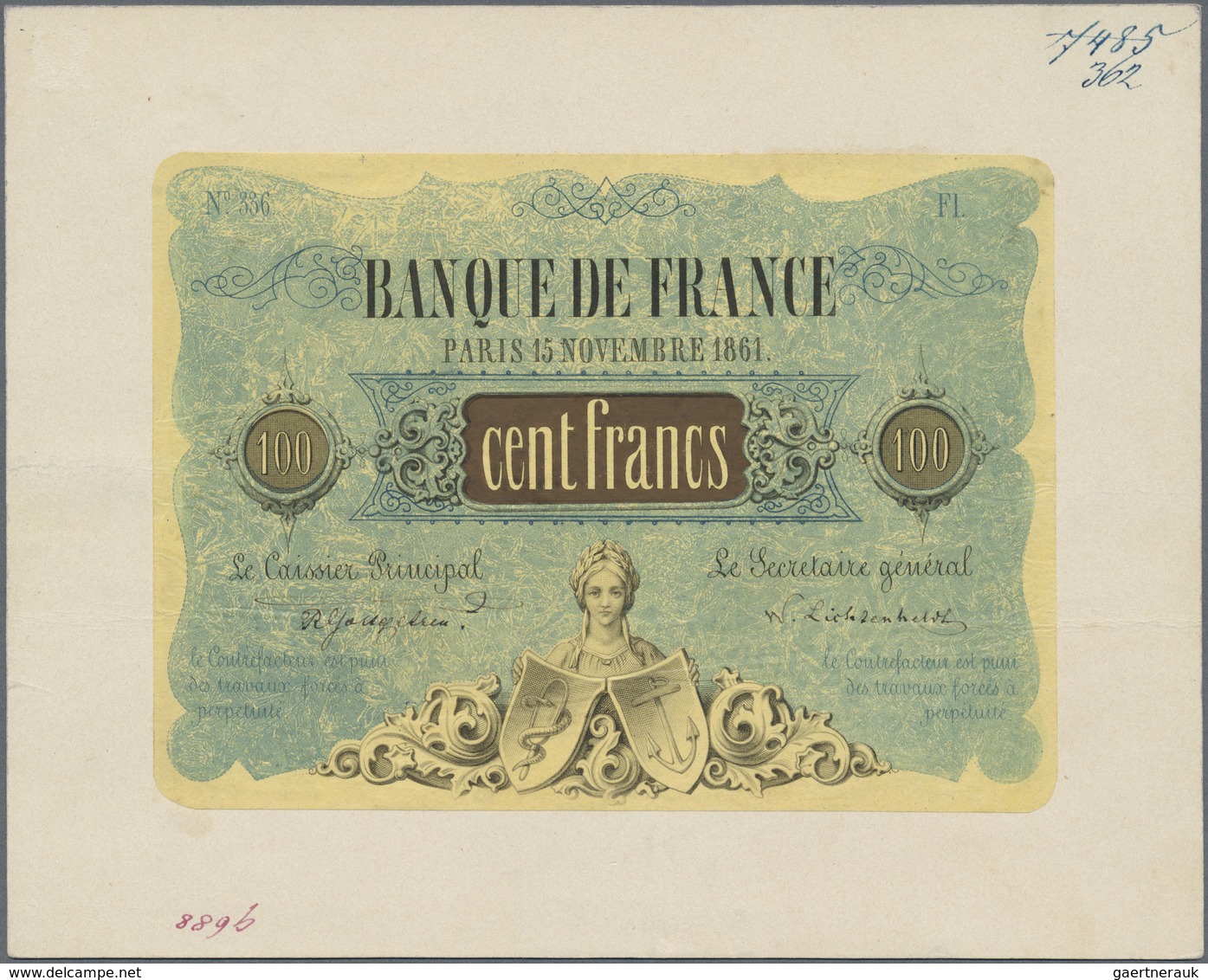 France / Frankreich: This 100 Francs 1861 Proof Print Of An Unissued Design Was Unknown Until Now. P - Other & Unclassified