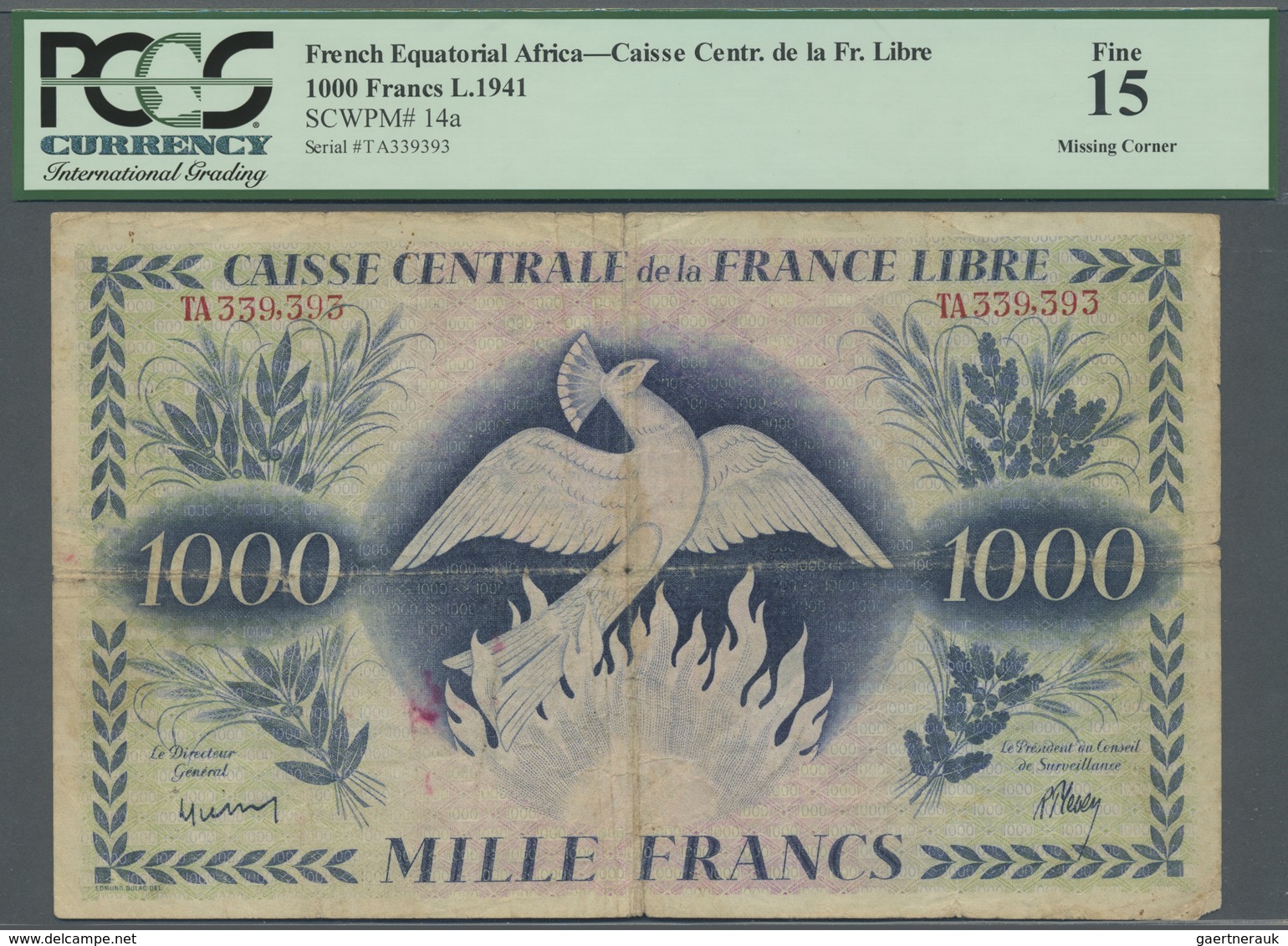 French Equatorial Africa / Französisch-Äquatorialafrika: Rare 1000 Francs L.1941 P. 14a, PCGS Graded - Equatorial Guinea