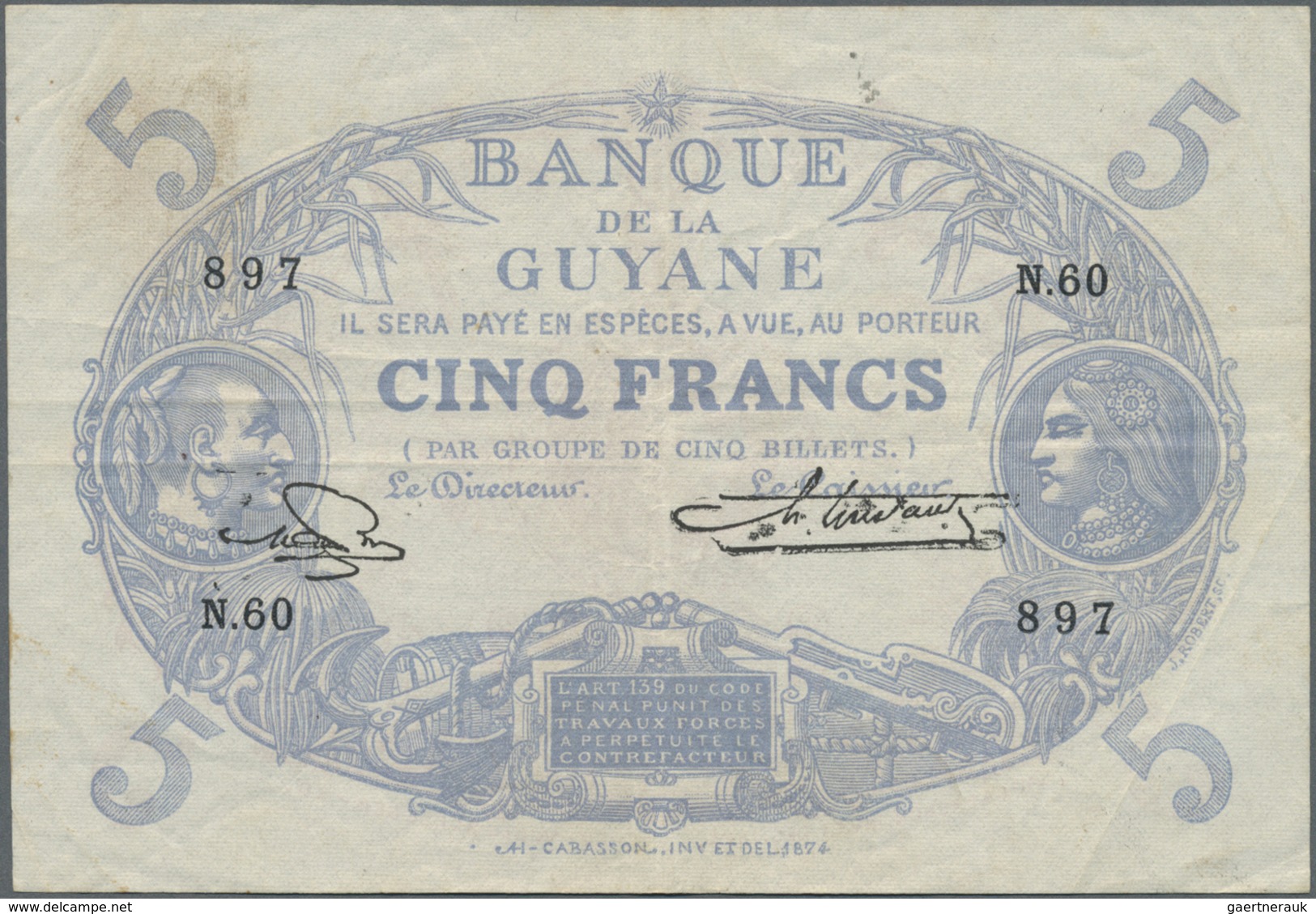 French Guiana / Französisch-Guayana: Banque De La Guyane 5 Francs  L. 1901 (1922-1947) With  Signatu - French Guiana