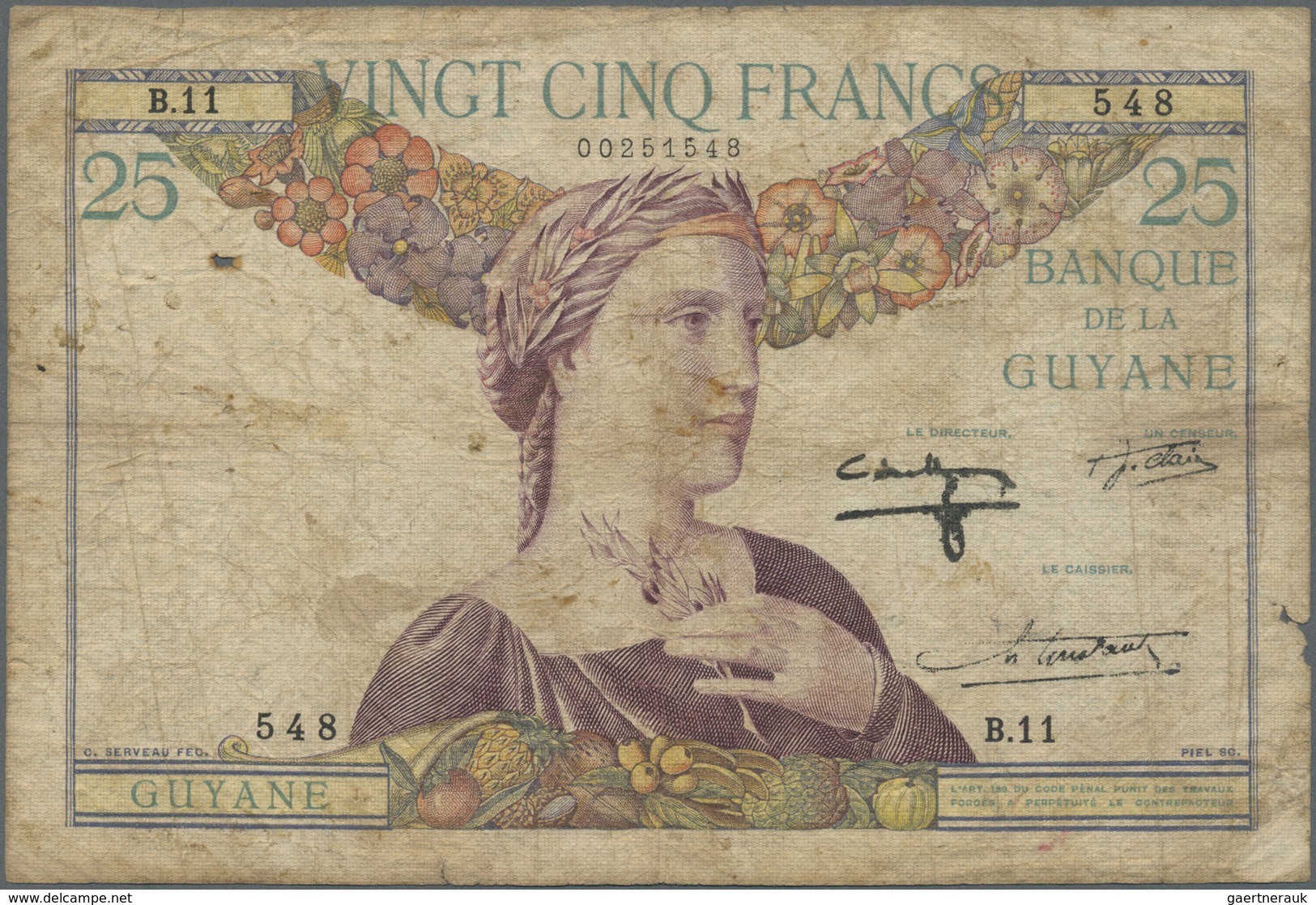 French Guiana / Französisch-Guayana: 25 Francs ND(1933-45) P. 7, Used With Folds, Creases And Stain - French Guiana