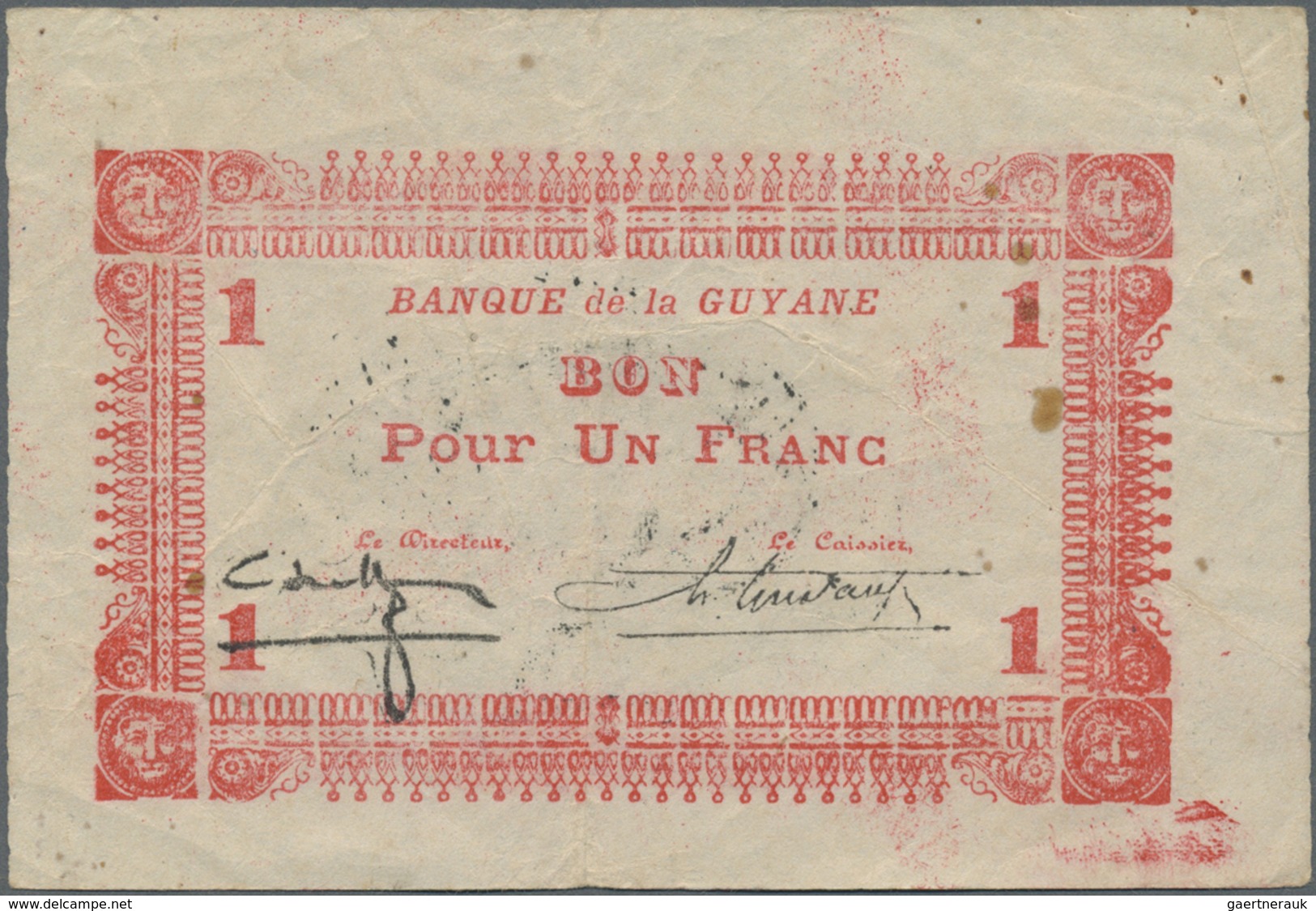 French Guiana / Französisch-Guayana: Banque De La Guyane 1 Franc ND(1942), P.11, Several Folds And C - French Guiana