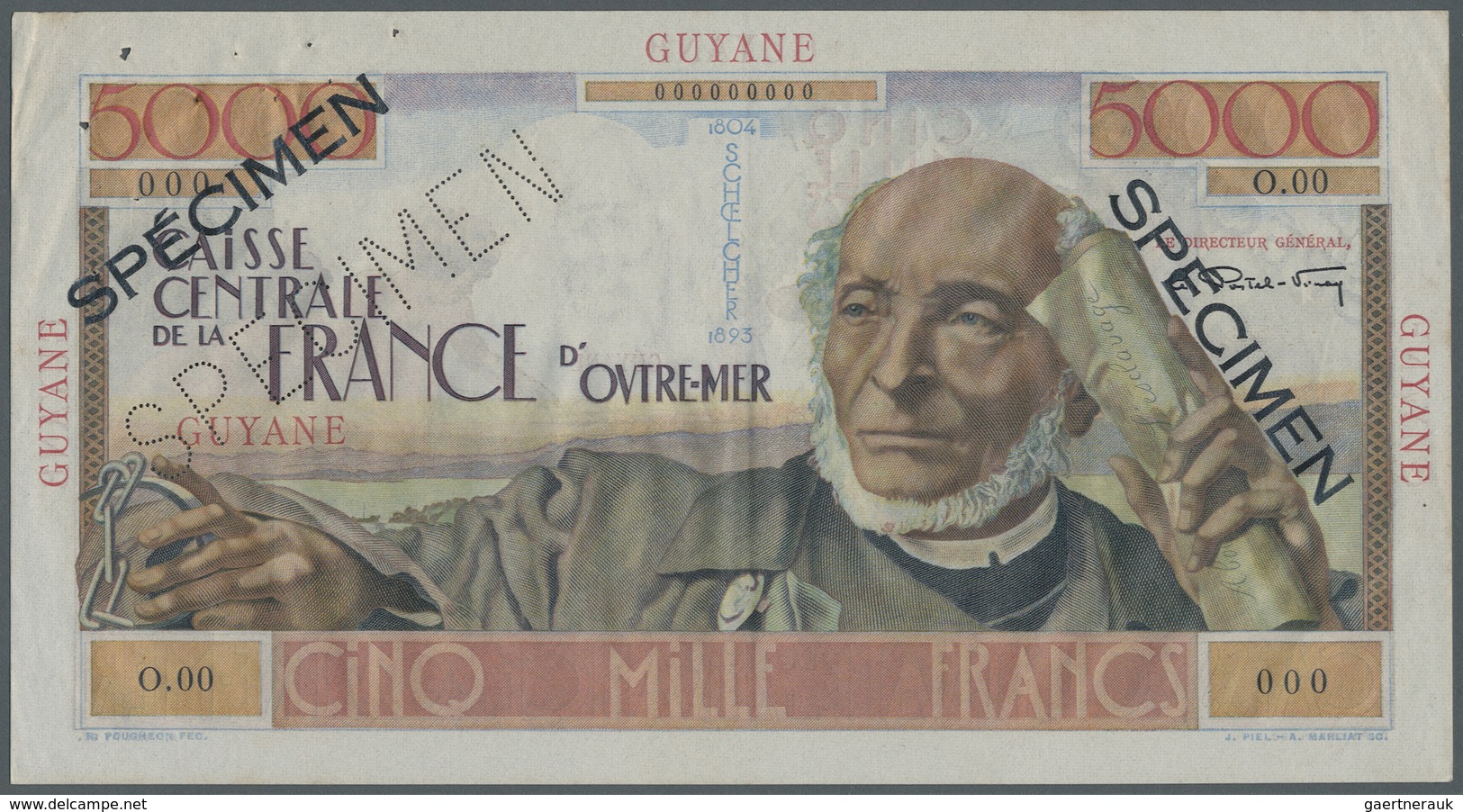 French Guiana / Französisch-Guayana: 5000 Francs ND (1947-49) Specimen P. 26s. This Beautiful Larger - French Guiana