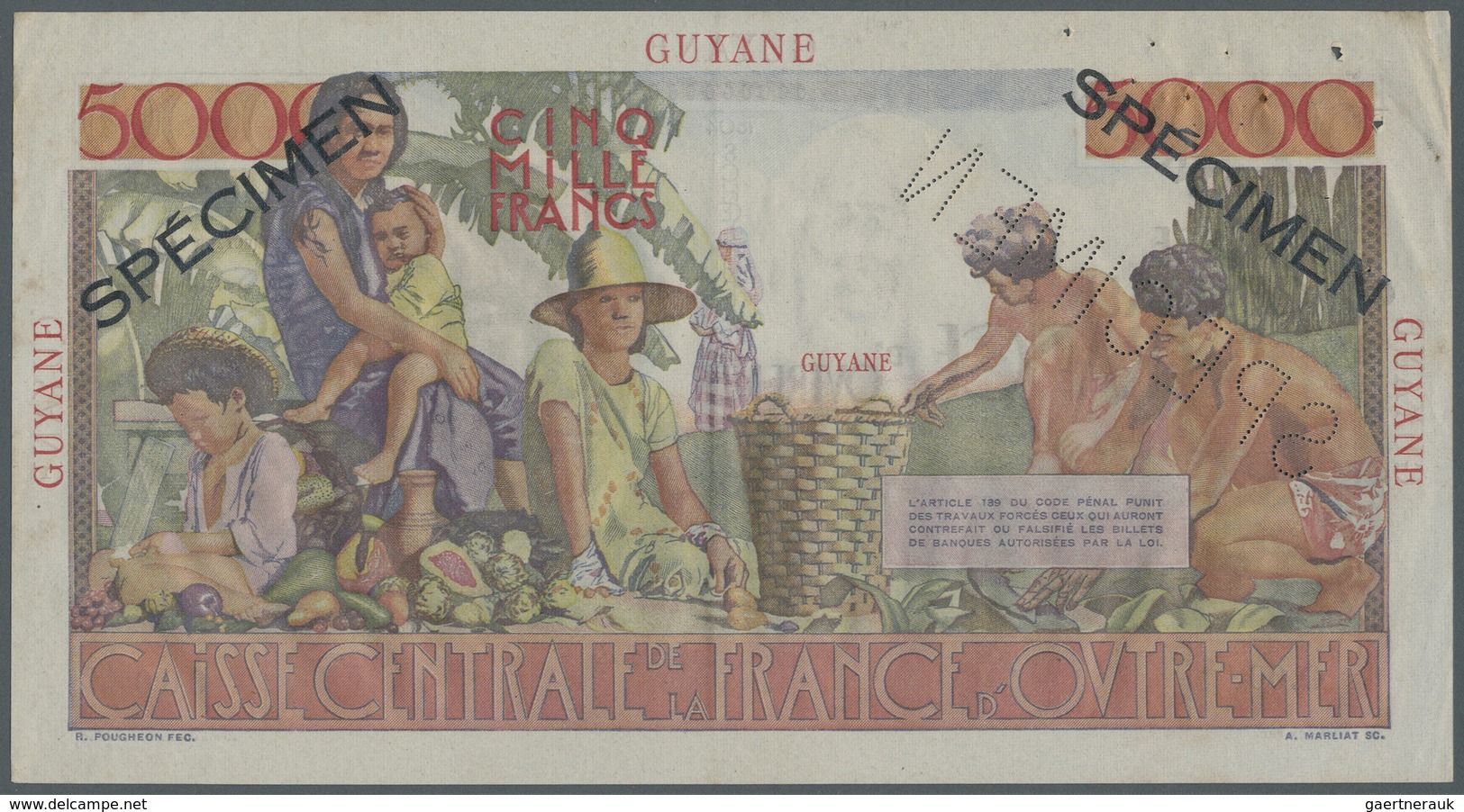 French Guiana / Französisch-Guayana: 5000 Francs ND (1947-49) Specimen P. 26s. This Beautiful Larger - French Guiana