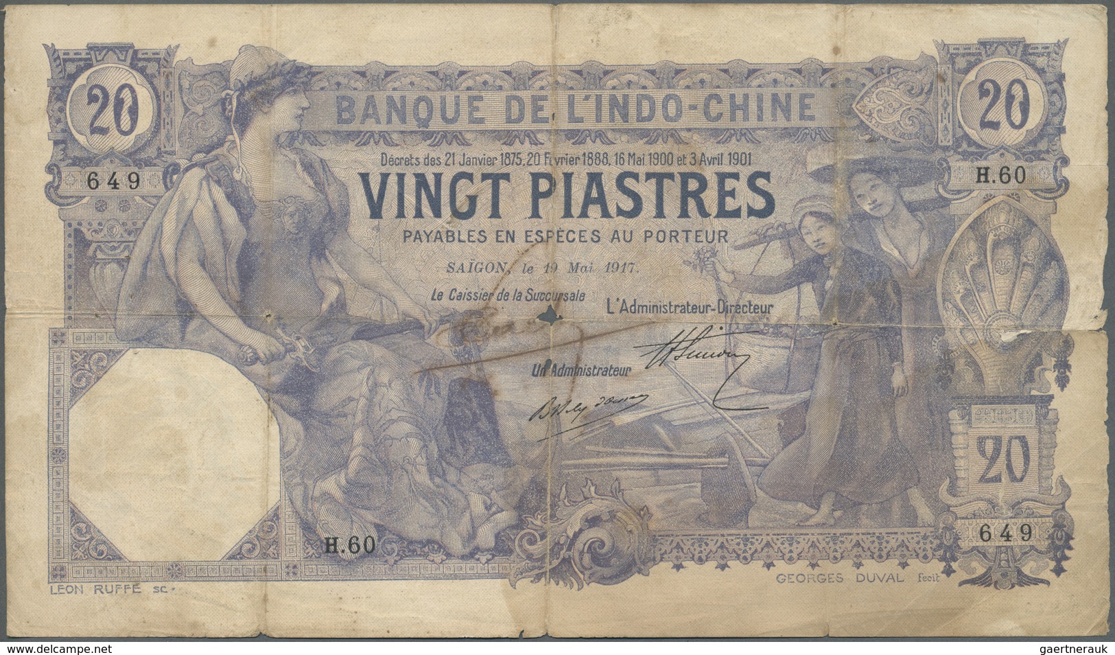 French Indochina / Französisch Indochina: 20 Piastres 1917 P. 38b, Used With Strong Vertical And Hor - Indochina