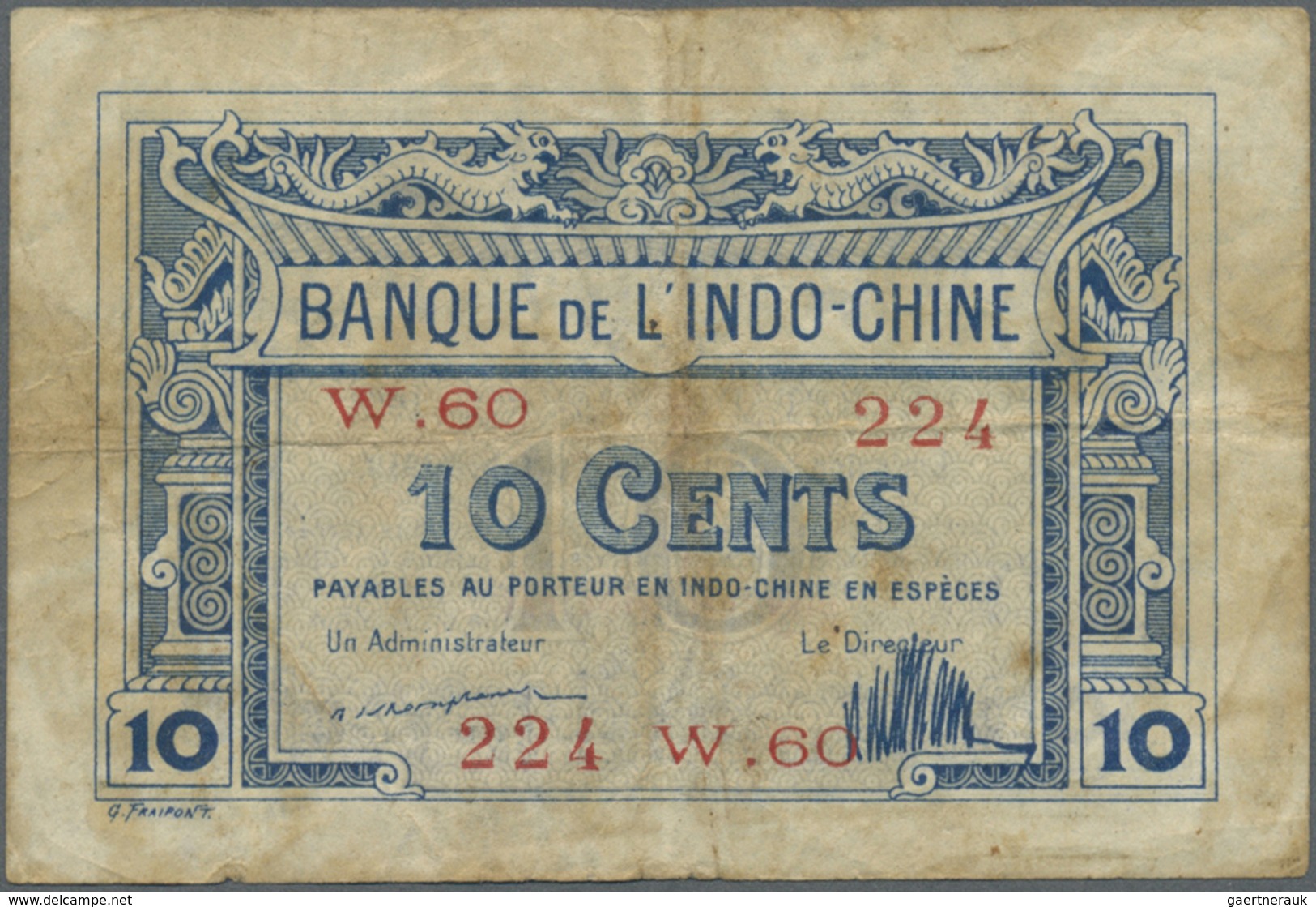 French Indochina / Französisch Indochina: 10 Cents ND(1920-23), P.44, Toned Paper With Several Folds - Indochina