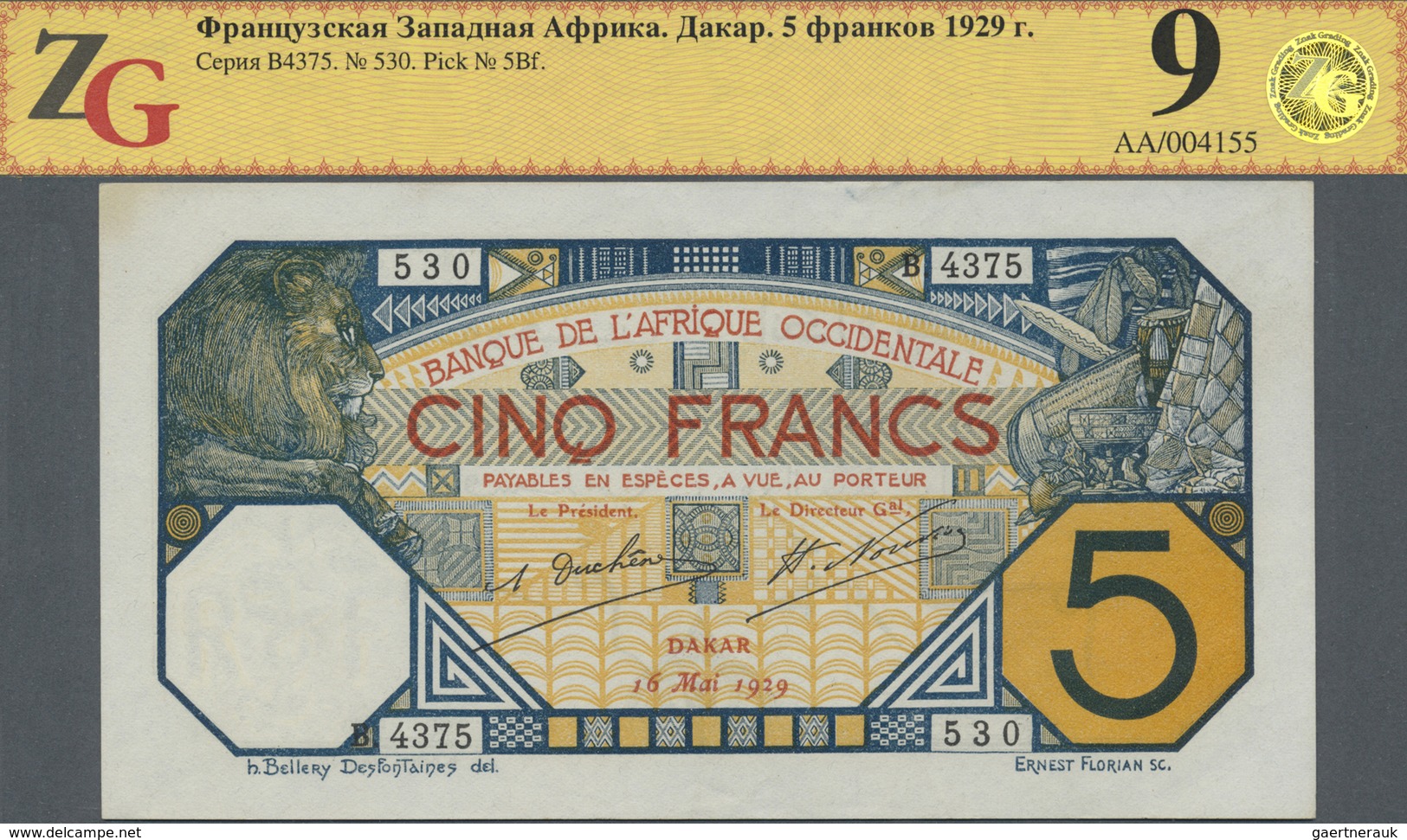 French West Africa / Französisch Westafrika: 5 Francs 1929, P.5Bf, Small Stain At Upper Left On Fron - Westafrikanischer Staaten