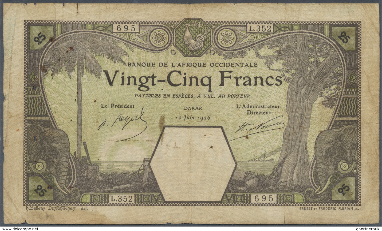 French West Africa / Französisch Westafrika: 25 Francs 1926 DAKAR P. 7Bc, Used With Stained Paper, S - Westafrikanischer Staaten