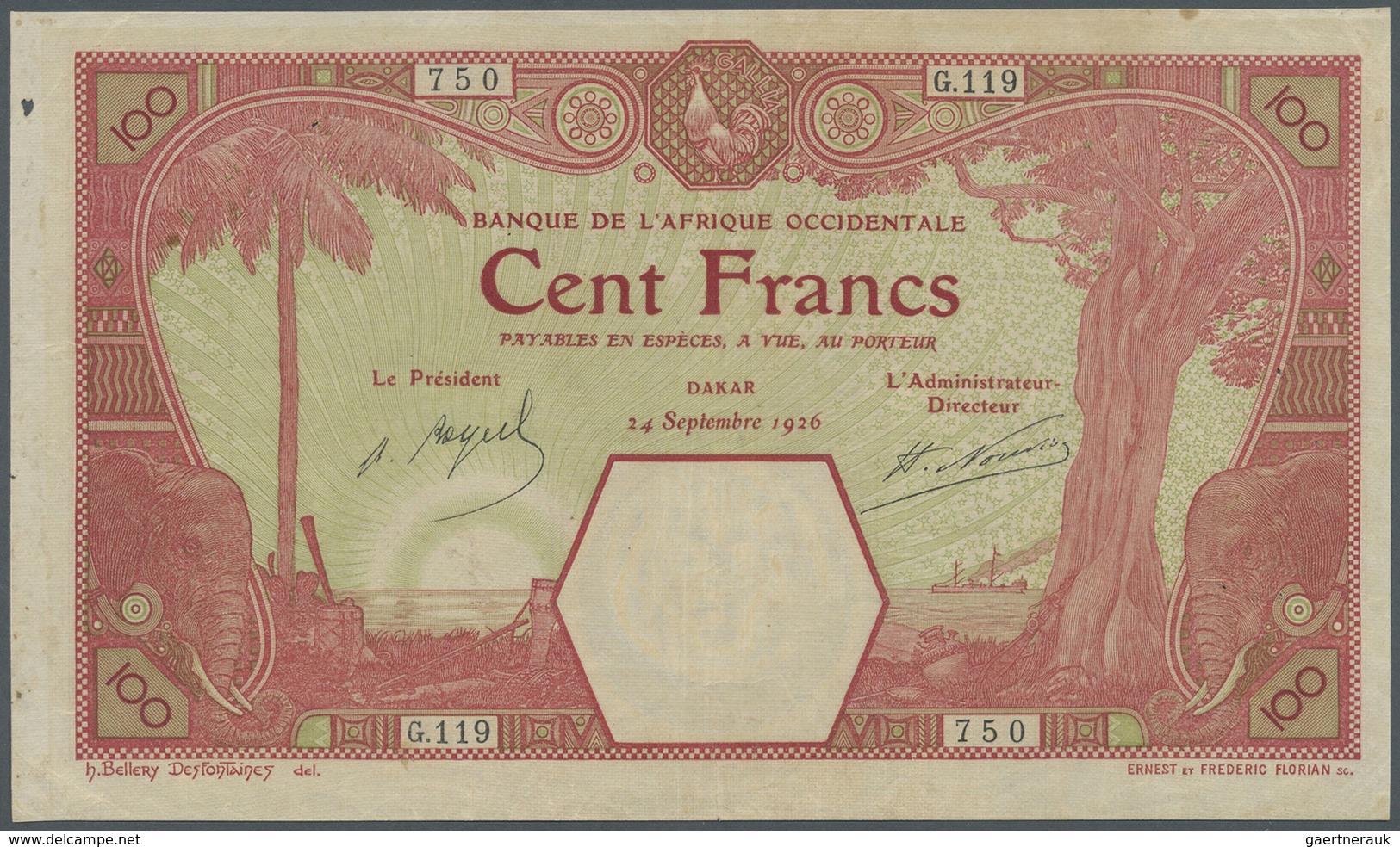 French West Africa / Französisch Westafrika: 100 France 1926 P. 11Bb, Upper And Right Border Trimmed - West African States