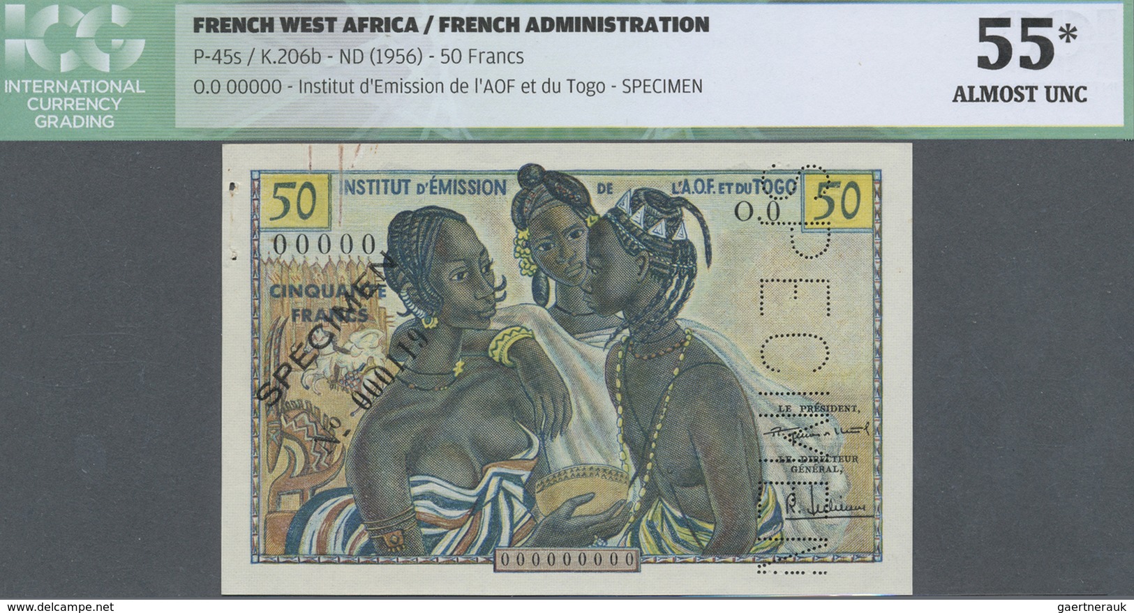 French West Africa / Französisch Westafrika: 50 Francs ND(1956) Specimen P. 45s, ICG Graded 55* AUNC - Westafrikanischer Staaten