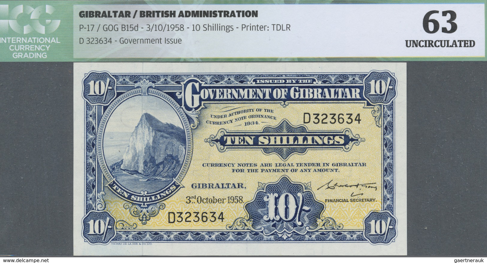 Gibraltar: 10 Shillings 1958 P. 17, ICG Graded 63 UNC. - Gibraltar