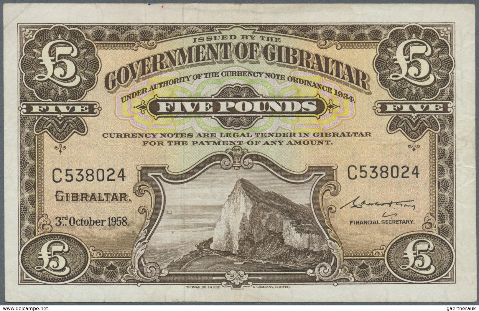 Gibraltar: 5 Pounds 1958 P. 19a, Strong Paper And Original Colors, Center Fold And Light Handling In - Gibraltar