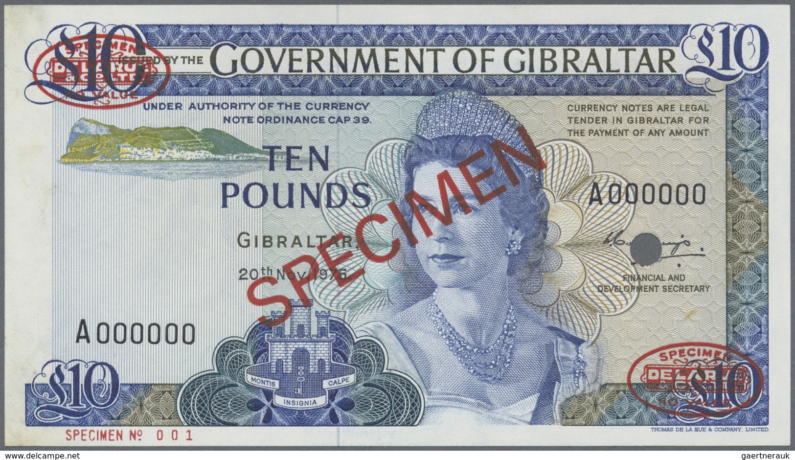 Gibraltar: 10 Pounds 1976 TDLR Specimen, P.22bs No.001 A 000000 UNC - Gibraltar