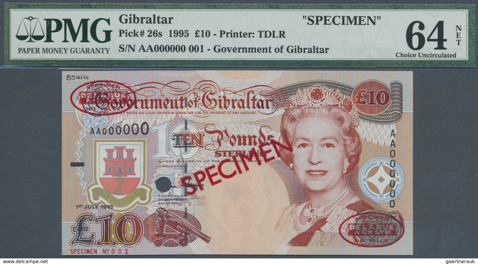 Gibraltar: 10 Pounds 1995 TDLR Specimen No.001 AA 00000, P.26s PMG 64 Choice UNC Net (Previously Mou - Gibilterra