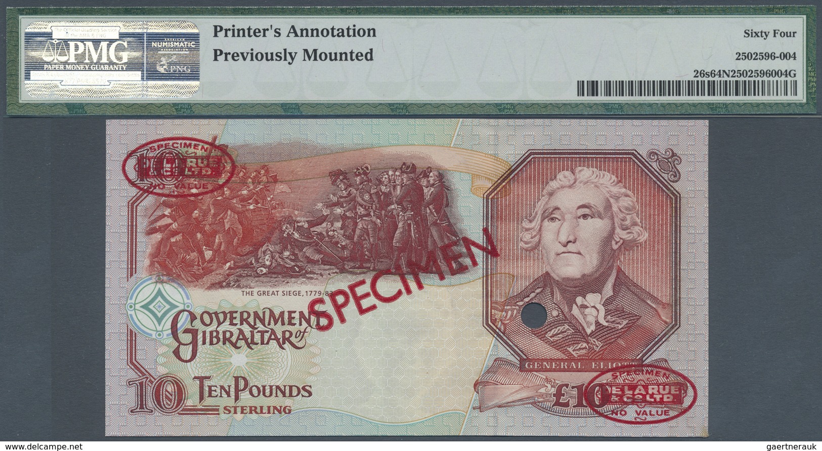 Gibraltar: 10 Pounds 1995 TDLR Specimen No.001 AA 00000, P.26s PMG 64 Choice UNC Net (Previously Mou - Gibraltar