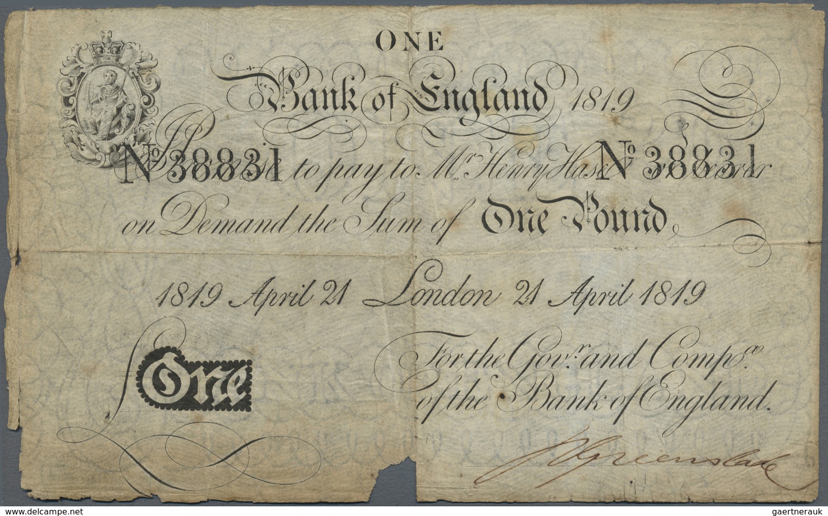 Great Britain / Großbritannien: 1 Pound 1819 P. 190c, Very Rare Early Date White Pound Note, Stronge - Other & Unclassified