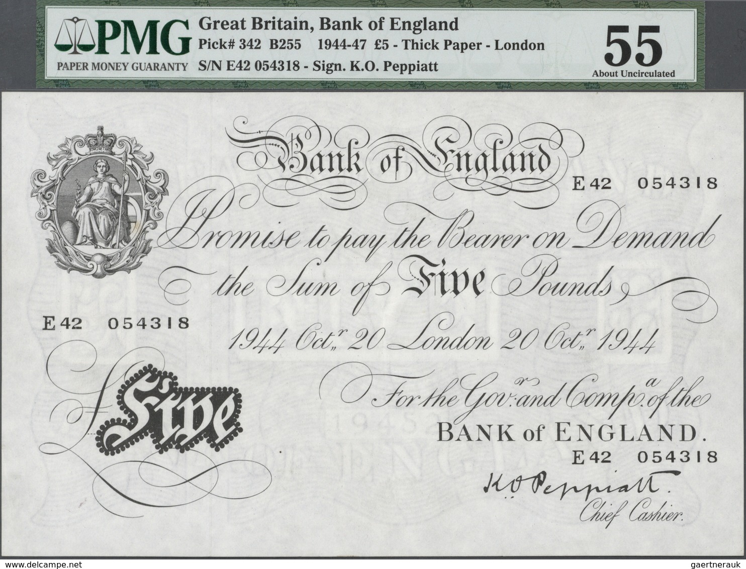 Great Britain / Großbritannien: 5 Pounds 1944 P. 342 In Condition: PMG Graded 55 AUNC. - Other & Unclassified