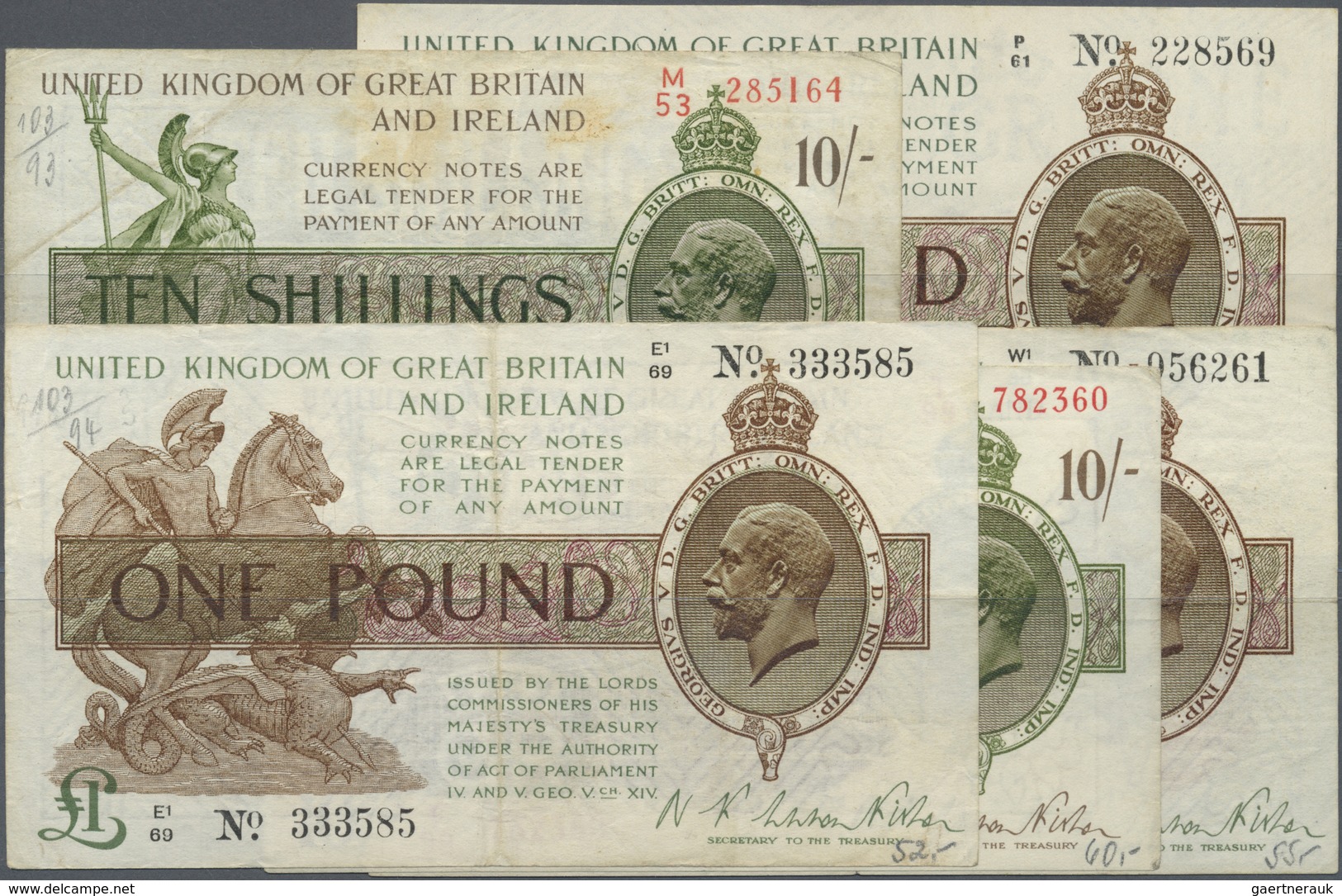 Great Britain / Großbritannien: Set With 5 Banknotes Series 1919 Till 1928 Containing 1 Pound ND(191 - Other & Unclassified