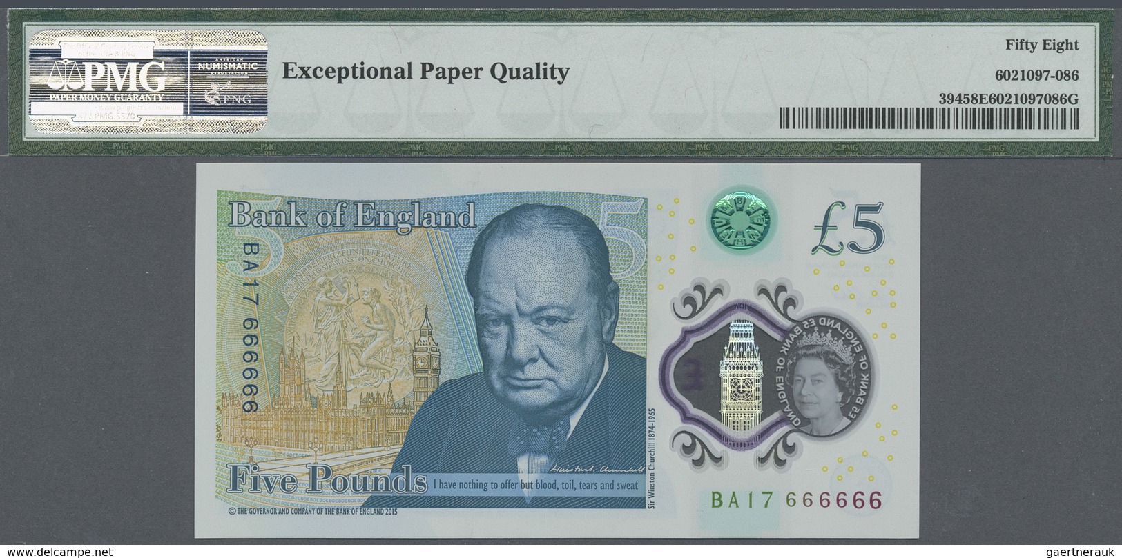 Great Britain / Großbritannien: 5 Pounds 2015 Polymer, P.394 With Solid Number BA17 666666 PMG 58 Ch - Other & Unclassified