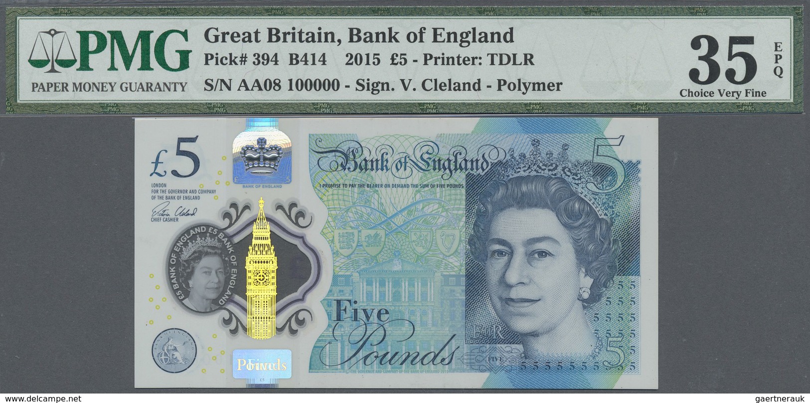 Great Britain / Großbritannien: 5 Pounds 2015 Polymer, P.394 With Low Prefix Fancy Number AA 08 1000 - Other & Unclassified