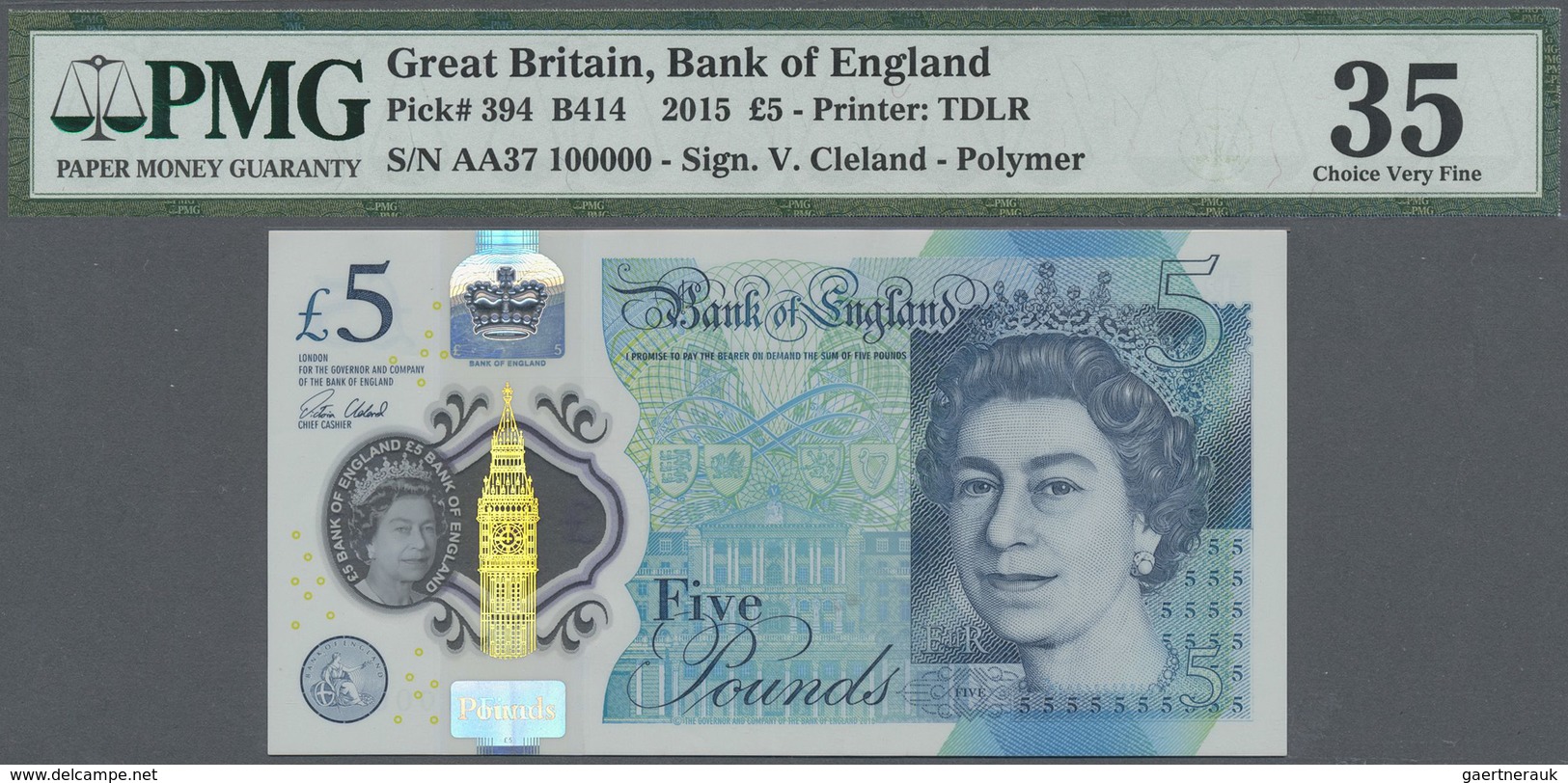 Great Britain / Großbritannien: 5 Pounds 2015 Polymer, P.394 With  Low Prefix Fancy Number AA 37 100 - Autres & Non Classés
