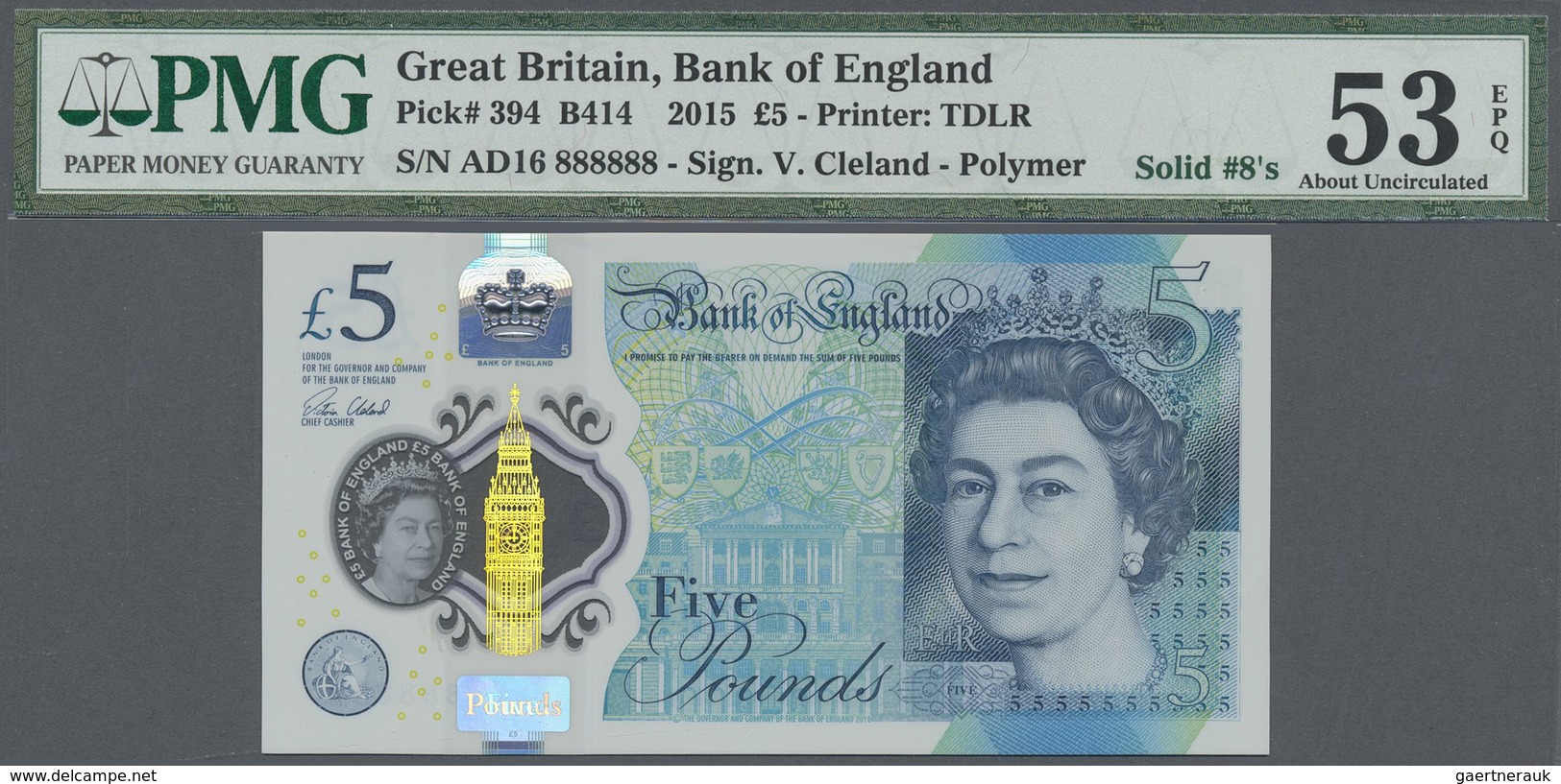 Great Britain / Großbritannien: Set with 8 Banknotes 5 Pounds 2015 Polymer, P.394 Complete Solid Num