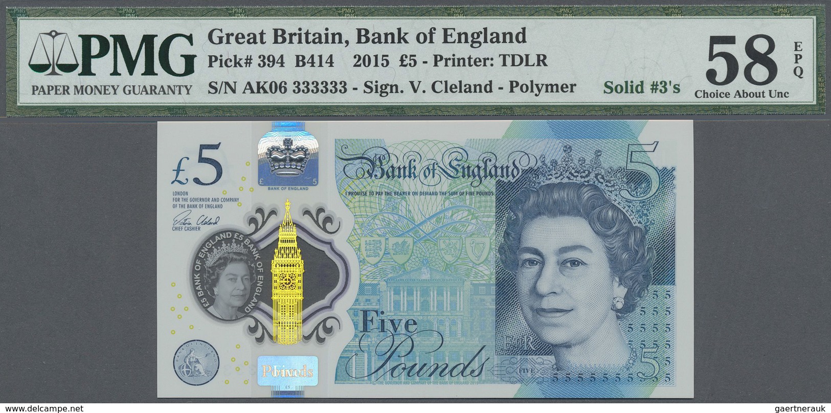 Great Britain / Großbritannien: Set with 8 Banknotes 5 Pounds 2015 Polymer, P.394 Complete Solid Num