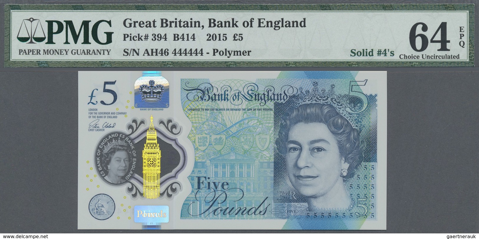 Great Britain / Großbritannien: 5 Pounds 2015 Polymer, P.394 With Solid Number AH46 444444 PMG 64 Ch - Other & Unclassified