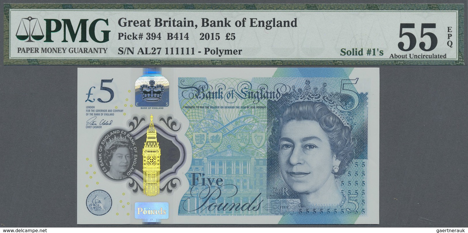 Great Britain / Großbritannien: 5 Pounds 2015 Polymer, P.394 With  Solid Number AL27 111111 PMG 55 A - Other & Unclassified
