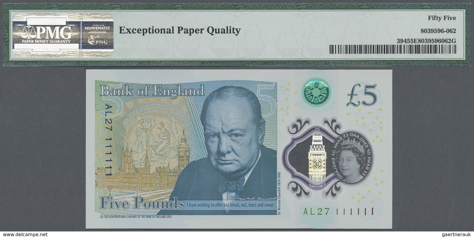 Great Britain / Großbritannien: 5 Pounds 2015 Polymer, P.394 With  Solid Number AL27 111111 PMG 55 A - Other & Unclassified