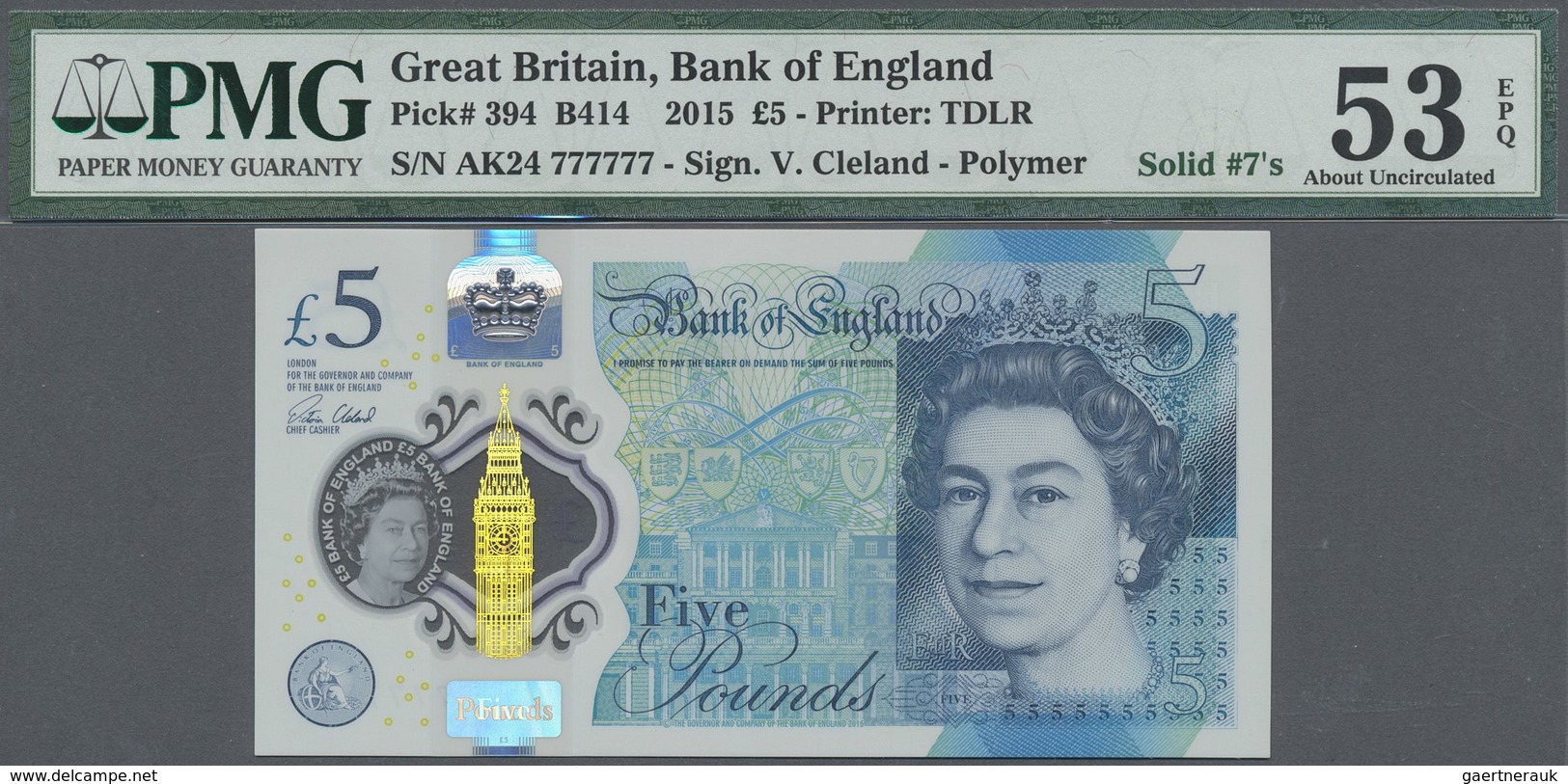 Great Britain / Großbritannien: 5 Pounds 2015 Polymer, P.394 With Solid Number AK24 777777 PMG 53 Ab - Other & Unclassified