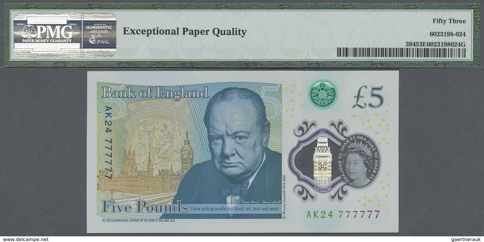 Great Britain / Großbritannien: 5 Pounds 2015 Polymer, P.394 With Solid Number AK24 777777 PMG 53 Ab - Other & Unclassified