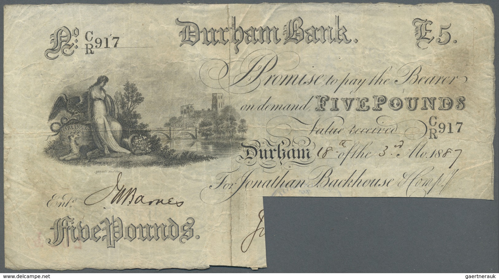 Great Britain / Großbritannien: Durham Bank 5 Pounds 1889 P. NL, Used With Folds And Creases, Cancel - Other & Unclassified