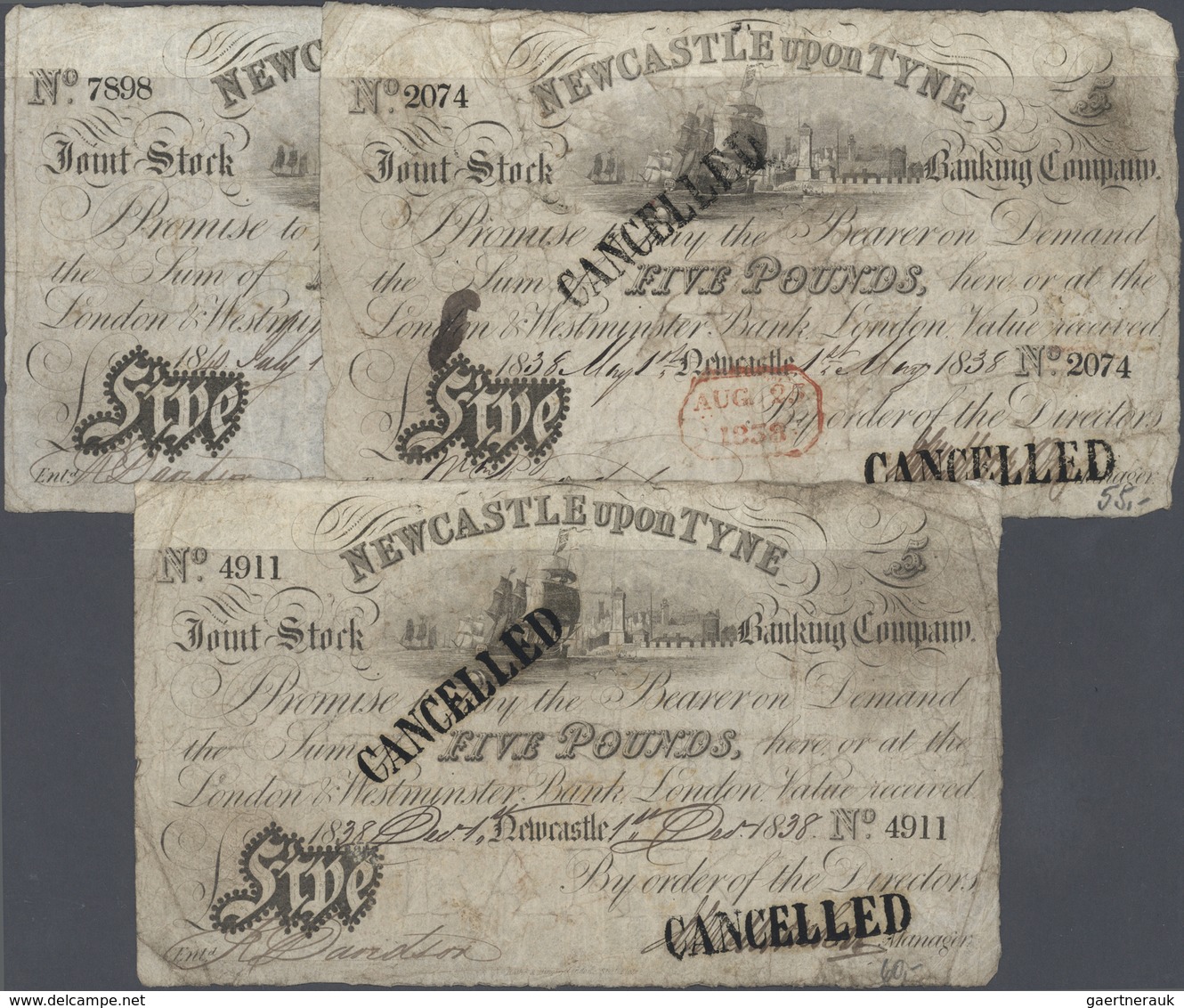 Great Britain / Großbritannien: Set With 3 Banknotes 5 Pounds Issued By The Newcastle Upon Tyne Bank - Other & Unclassified