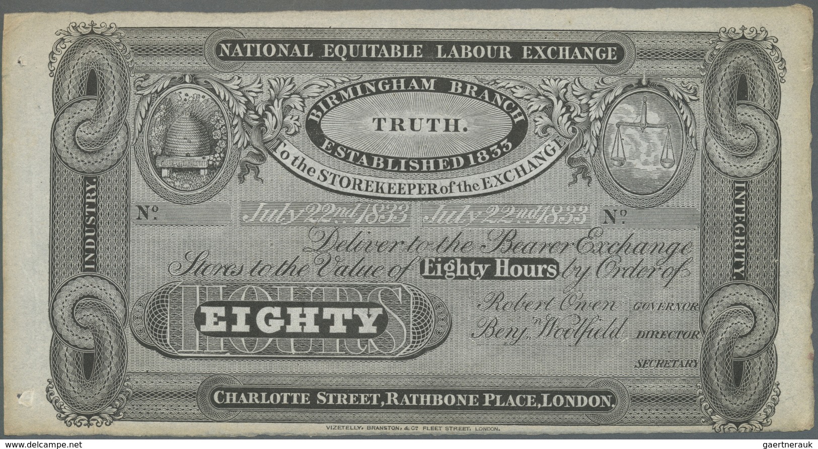 Great Britain / Großbritannien: 80 Hours 1833 Remainder Note Of The National Equitable Labour Exchan - Other & Unclassified