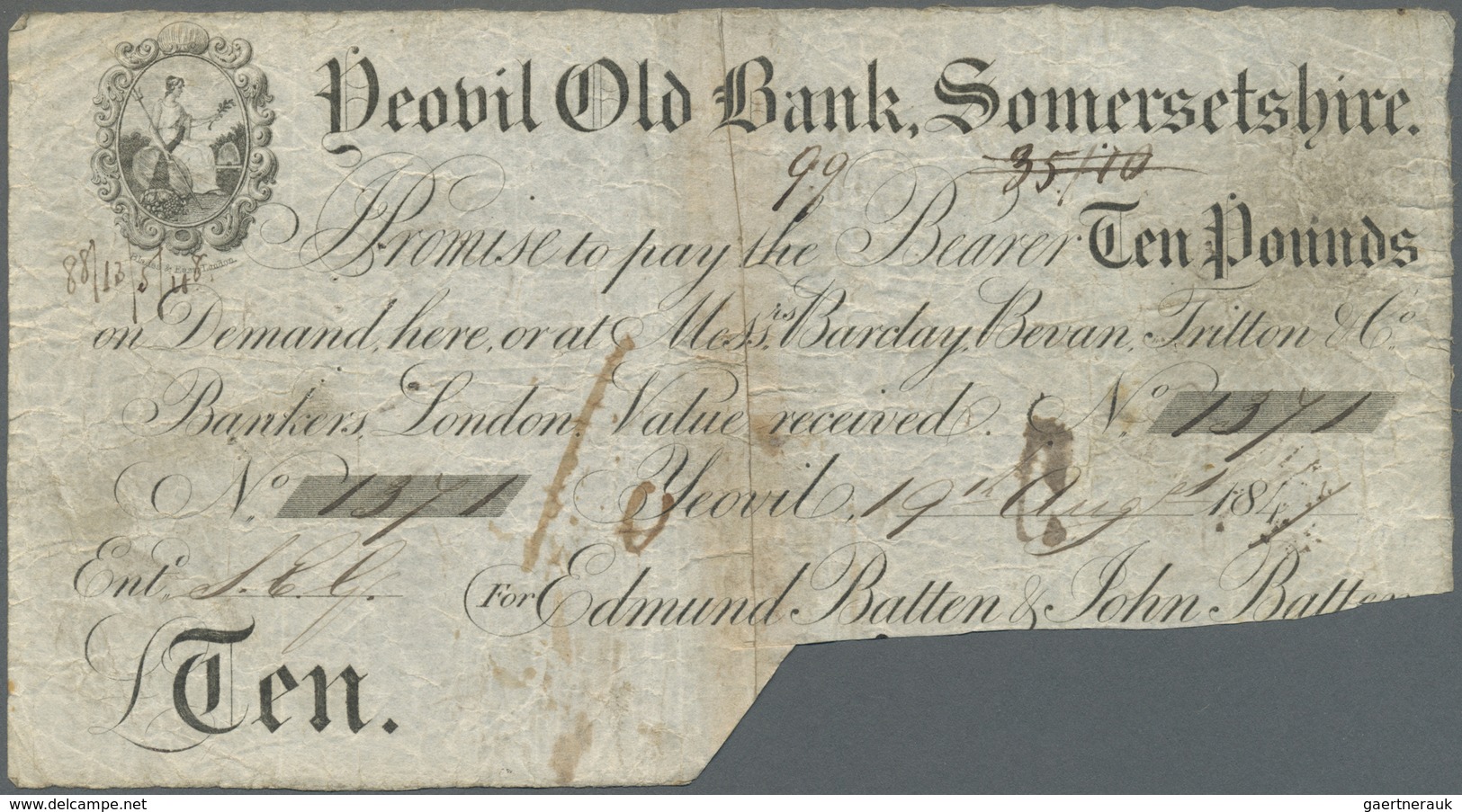 Great Britain / Großbritannien: Somersetshire 10 Pounds 1847, Grant 3354C, Cancelled At Lower Right, - Other & Unclassified