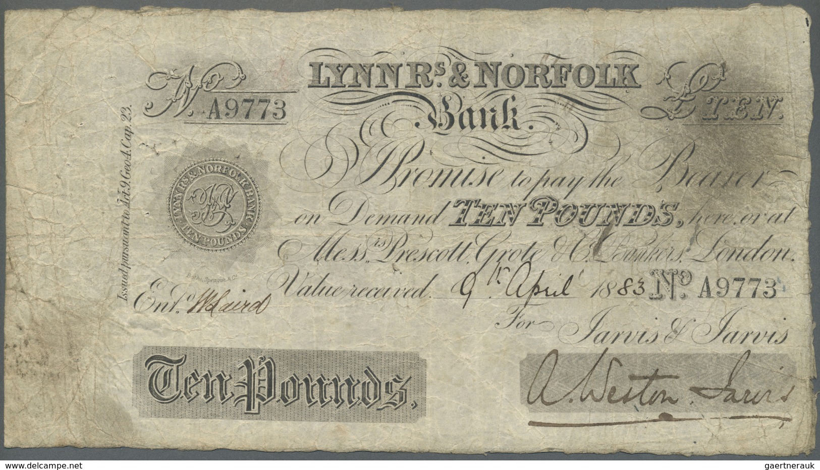 Great Britain / Großbritannien: Lynn Rs. & Norfolk Bank 10 Pounds 1883, Used With Folds And Creases, - Other & Unclassified