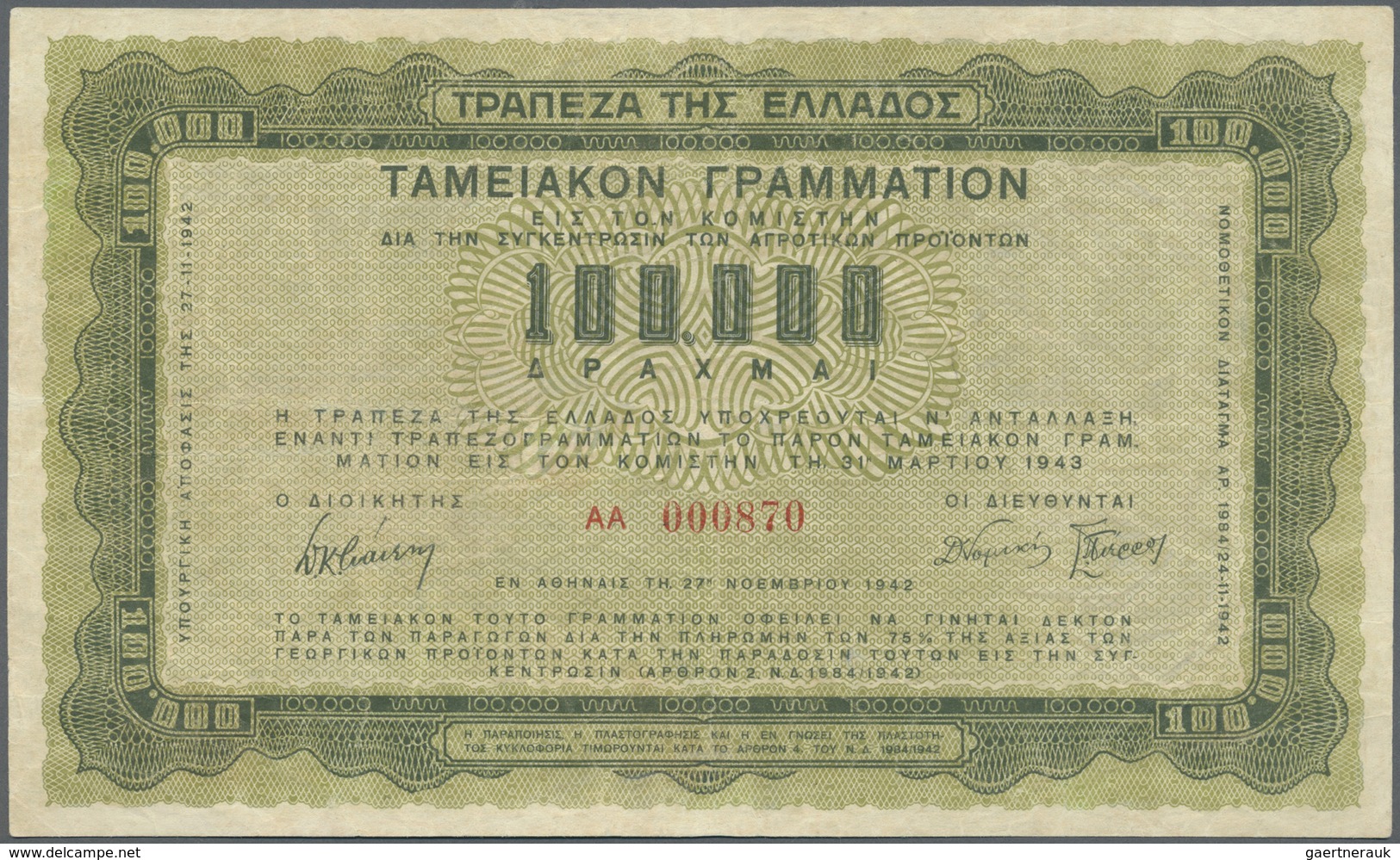 Greece / Griechenland: 100.000 Drachmai 1942 P. 137a, Vertical And Horizontal Folds, Creases In Pape - Greece