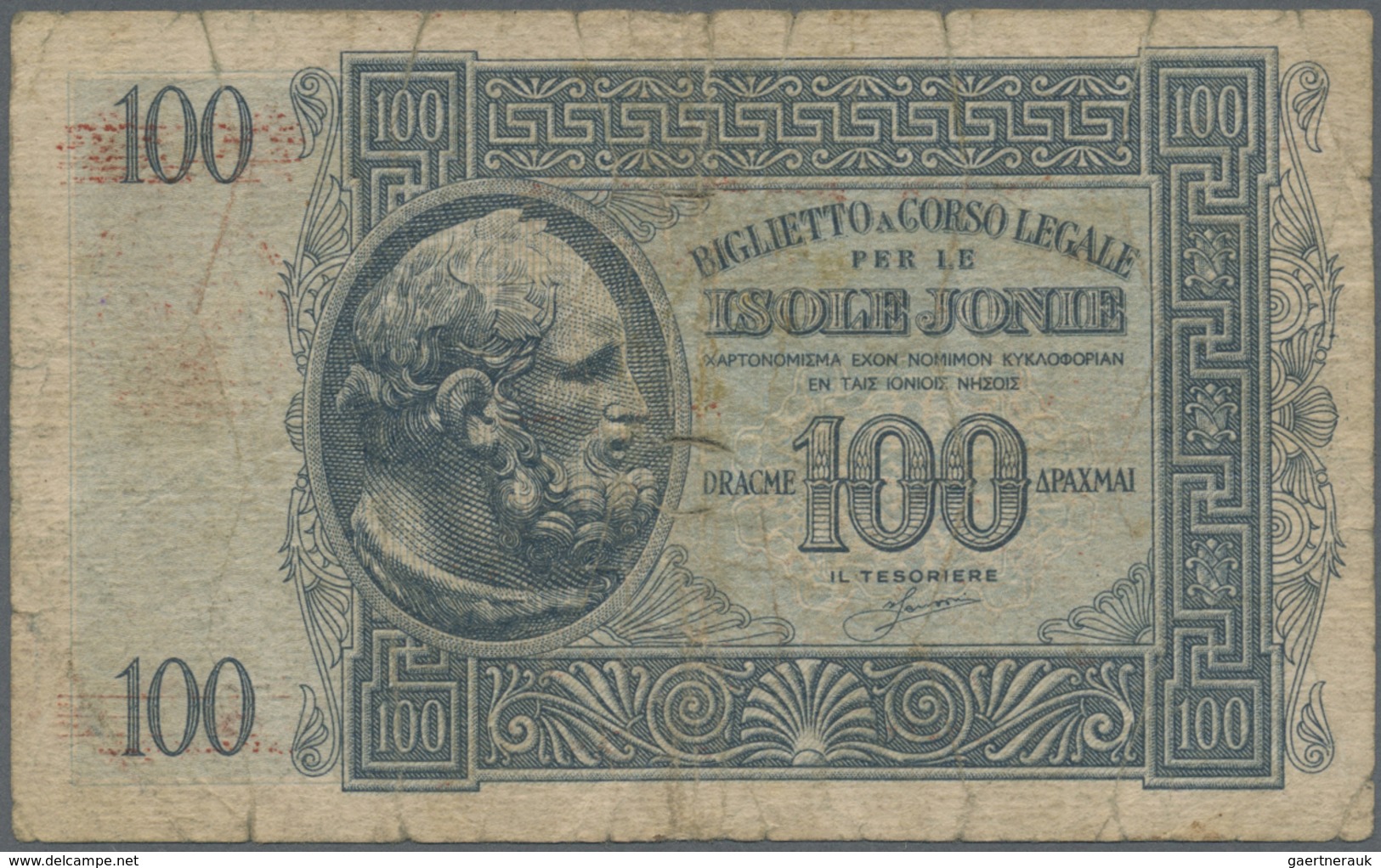 Greece / Griechenland: 100 Drachmai 1944 P. 154, Rare Issue, Used With Several Border Tears, Folds A - Greece