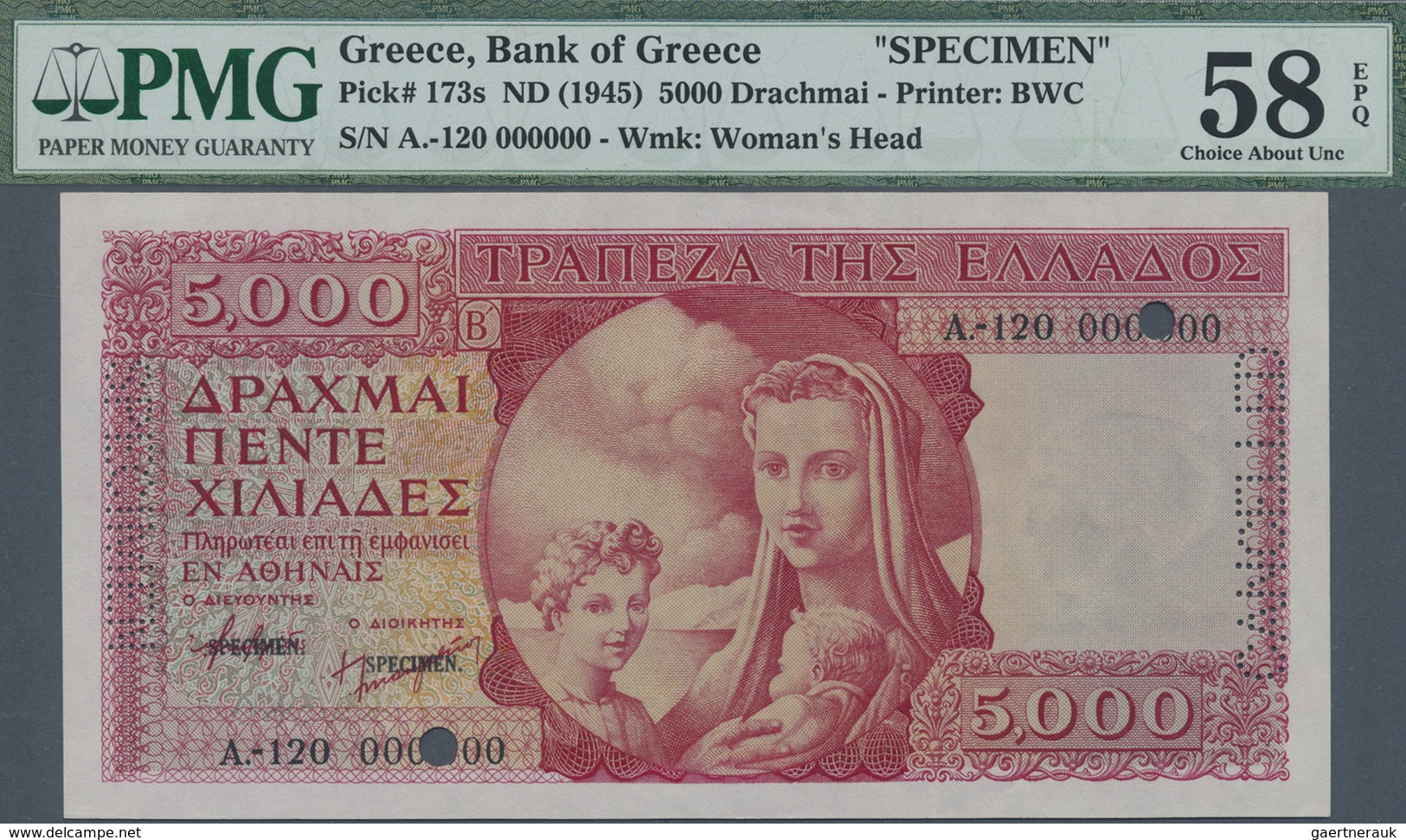 Greece / Griechenland: 5000 Drachmai ND(1945) Specimen P. 173s, PMG Graded 58 Choice About UNC EPQ. - Greece