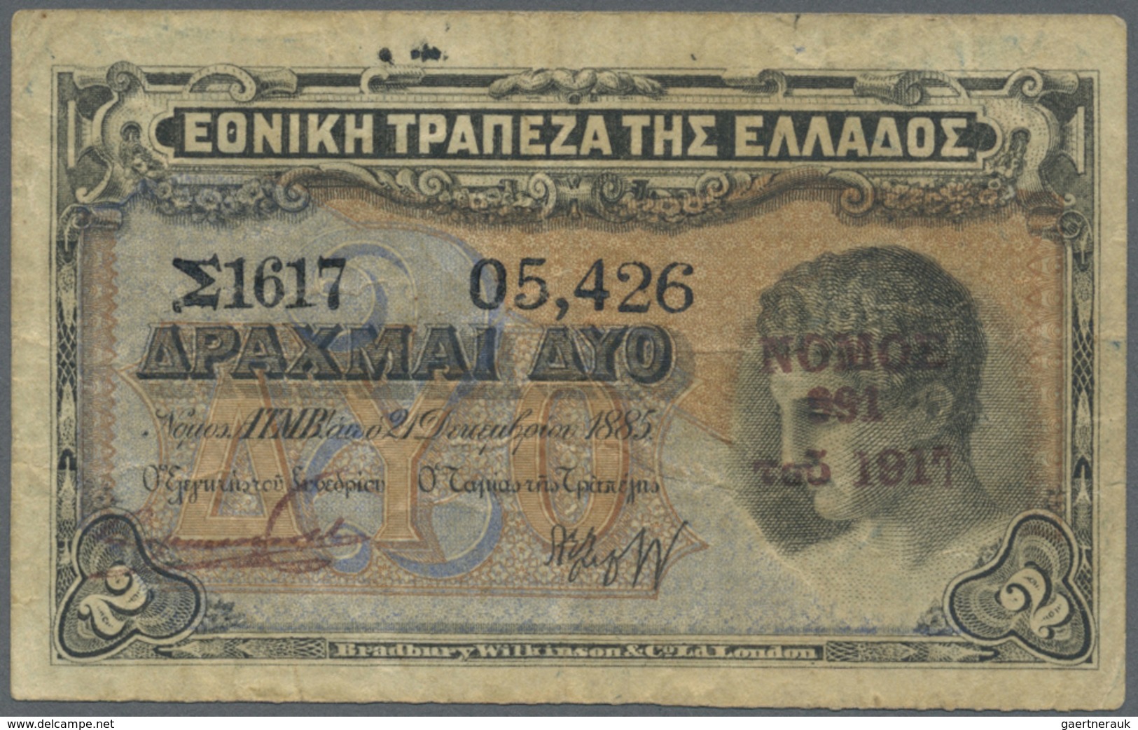 Greece / Griechenland: 2 Drachmai 1917 P. 302, Used With Folds And Staining In Paper, Rare With Red - Greece